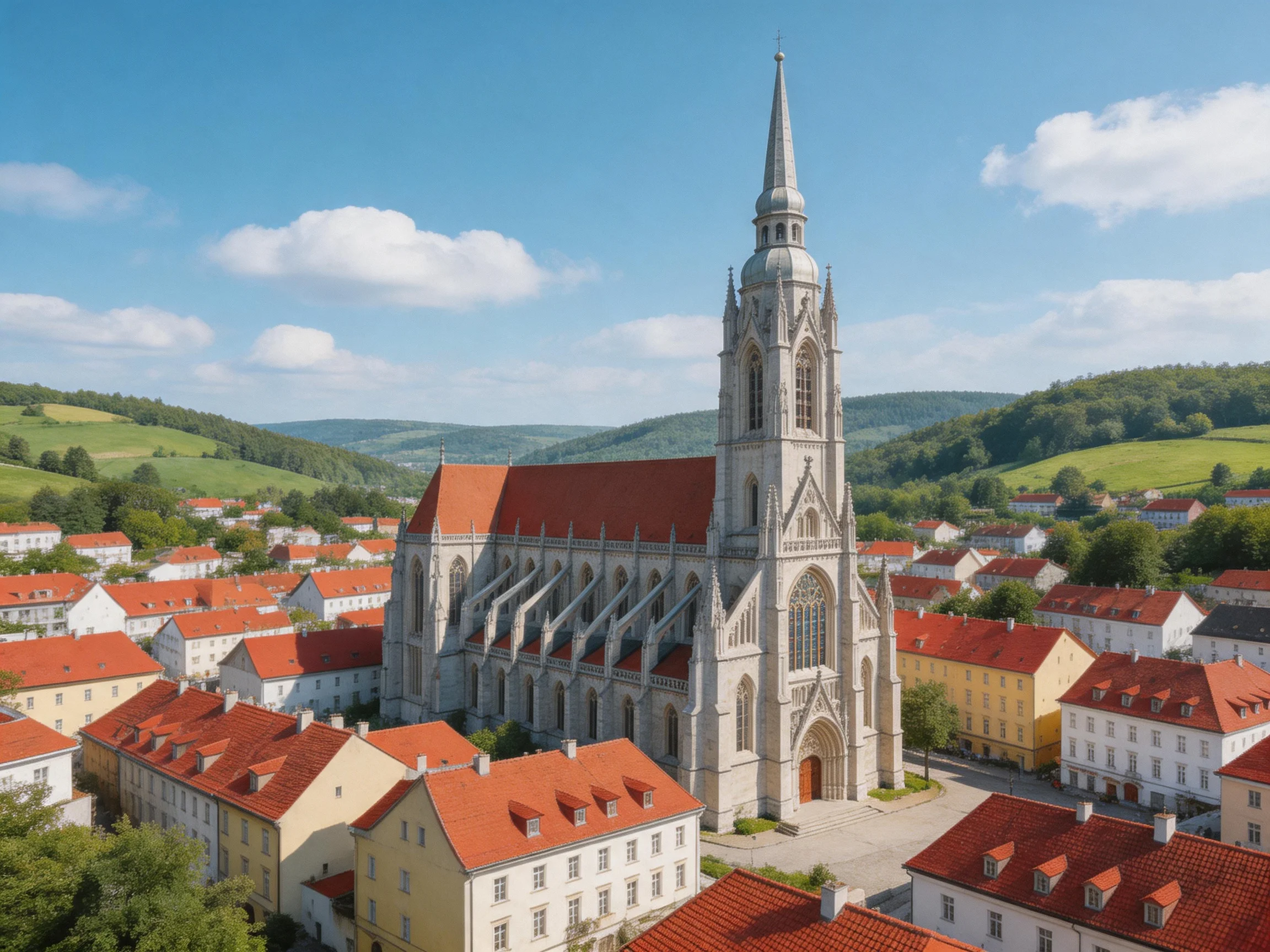 A grand Gothic church with red-roofed buildings and lush green hills