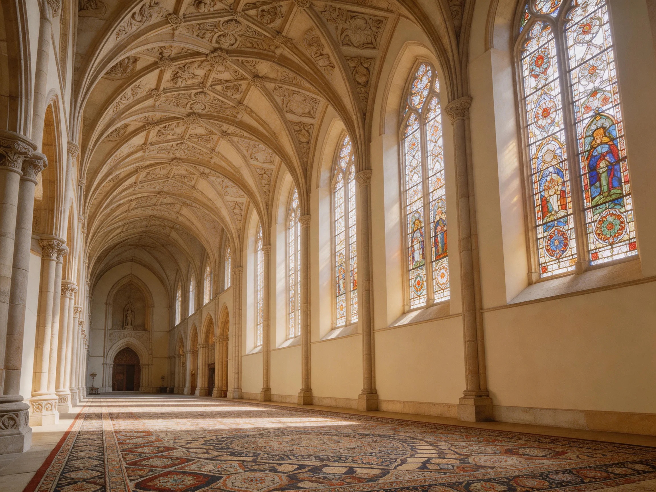 A grand Gothic hall with ornate arches and vibrant stained glass