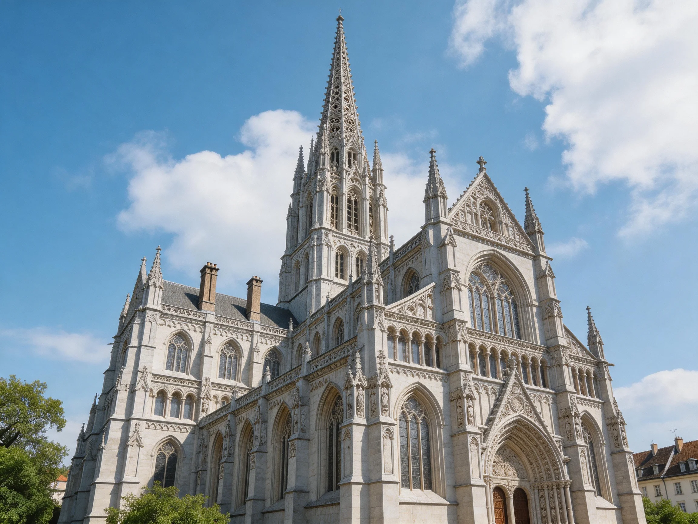 A grand Gothic stone cathedral with tall spires under bright blue sky