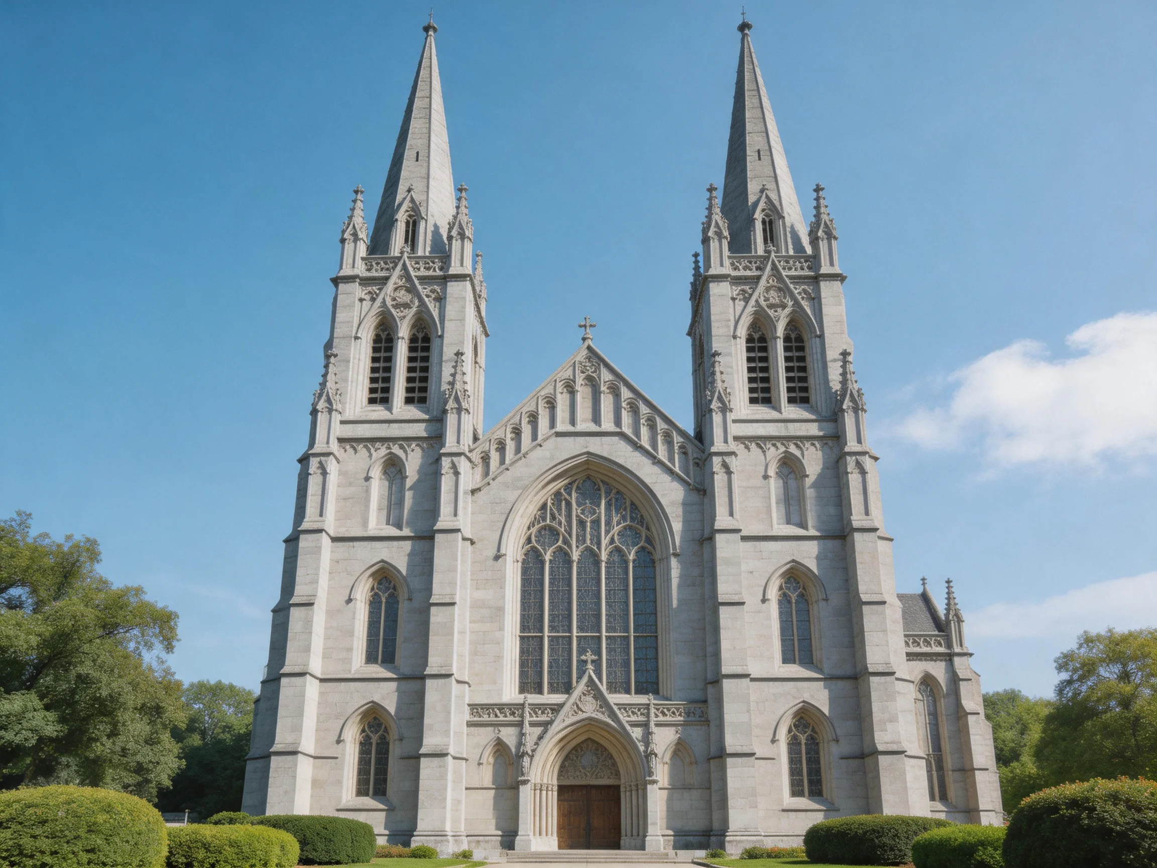 A grand Gothic stone cathedral with twin tall spires