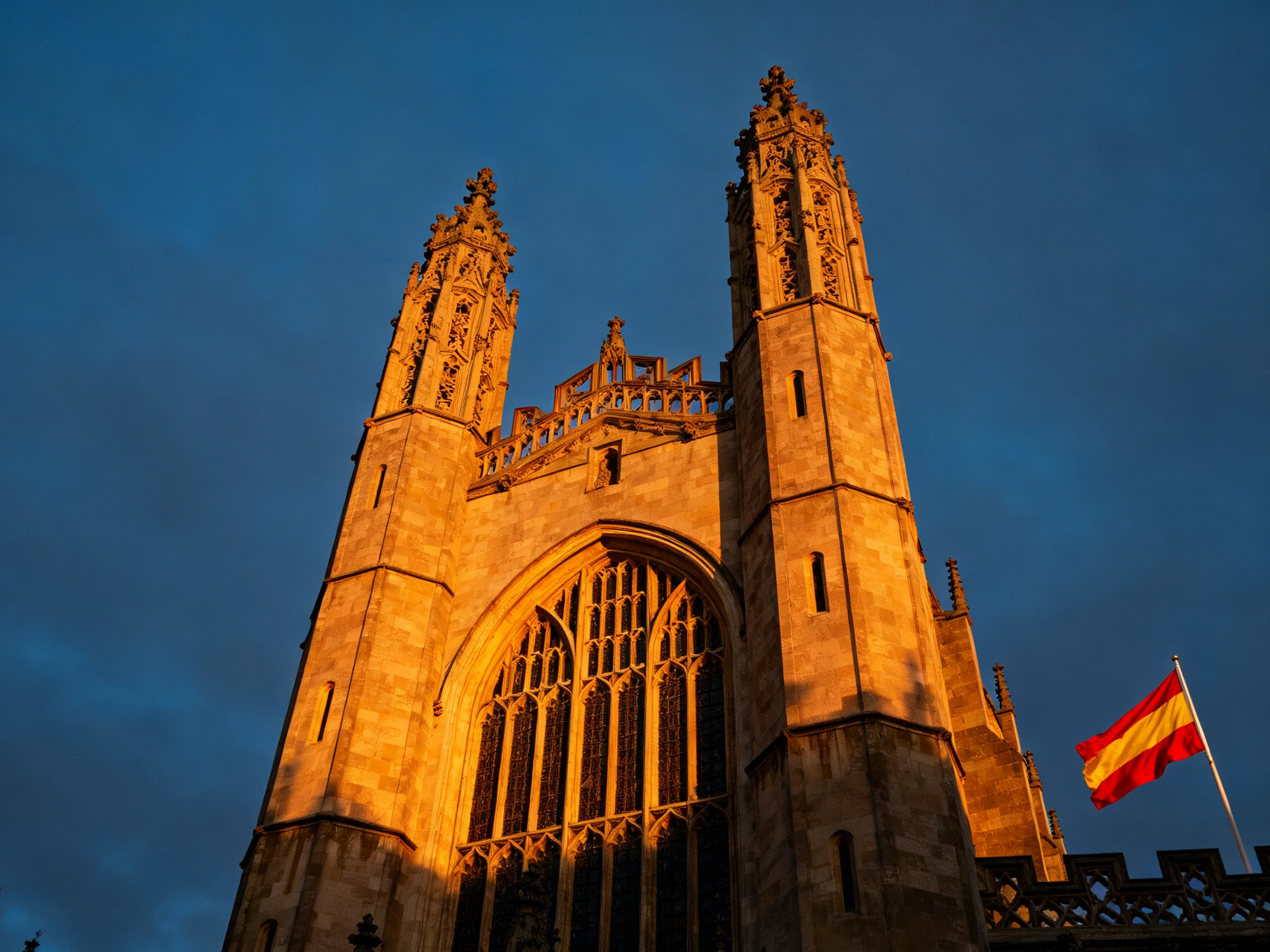 A grand Gothic towered structure bathed in golden evening light