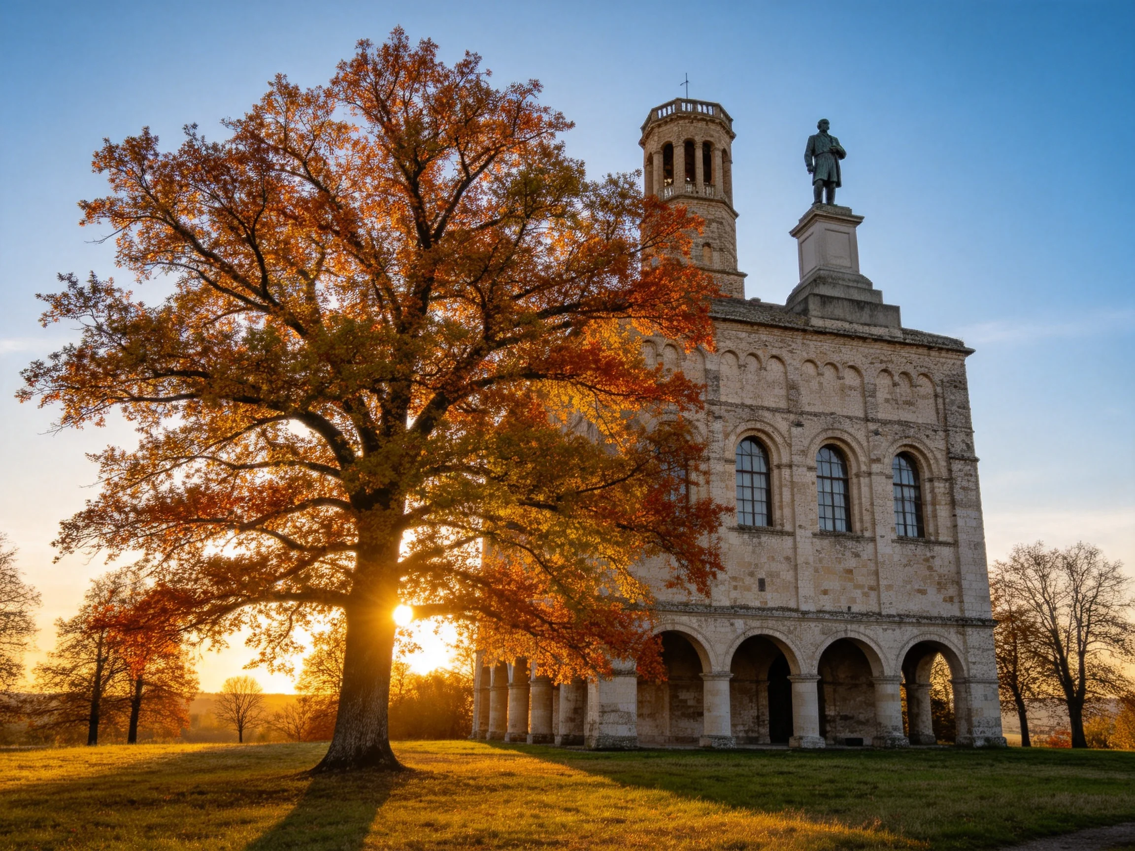A grand ancient stone structure beside a vibrant autumn tree at sunset