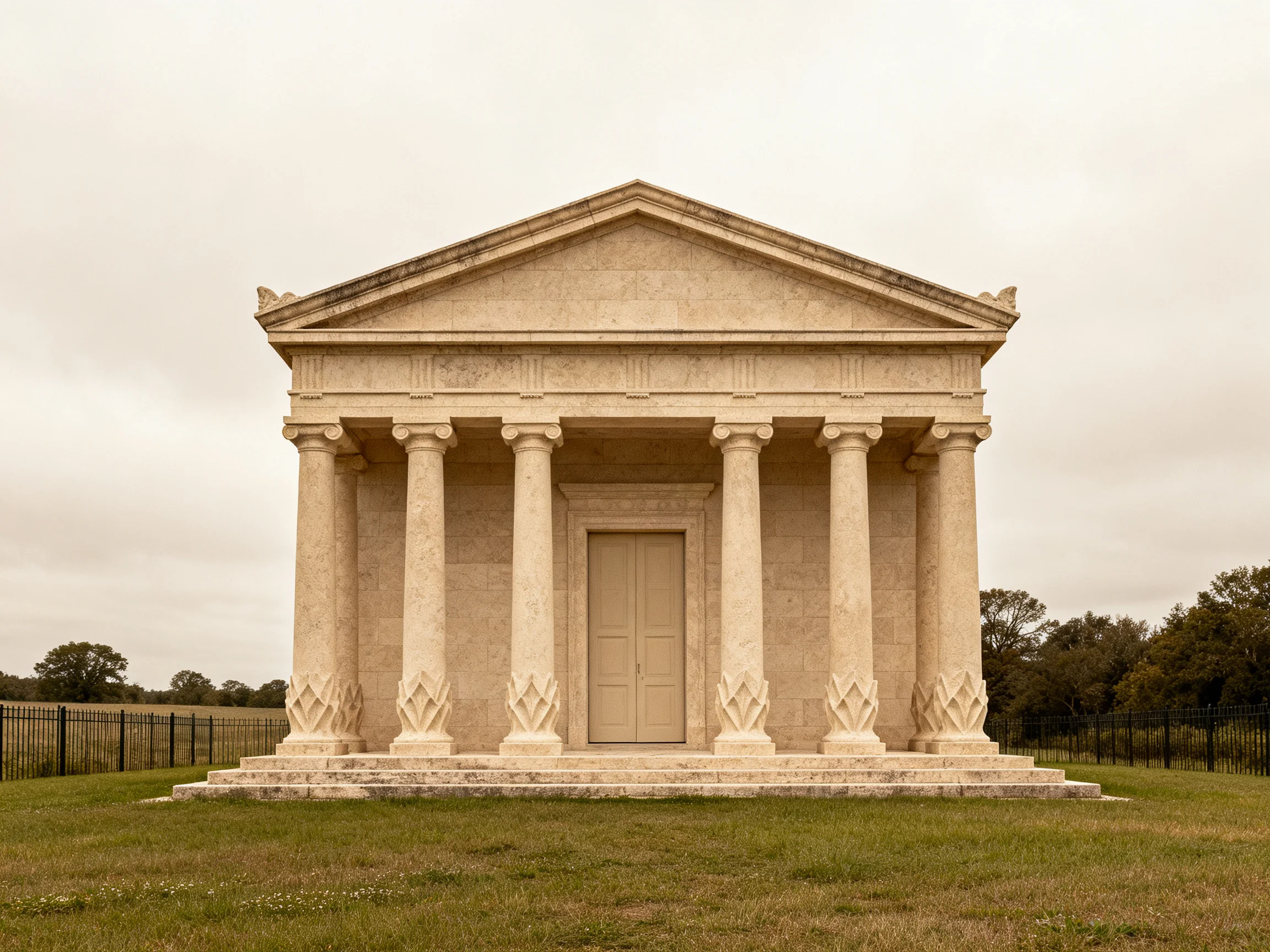 A grand ancient-style stone temple with six columns on a grassy field