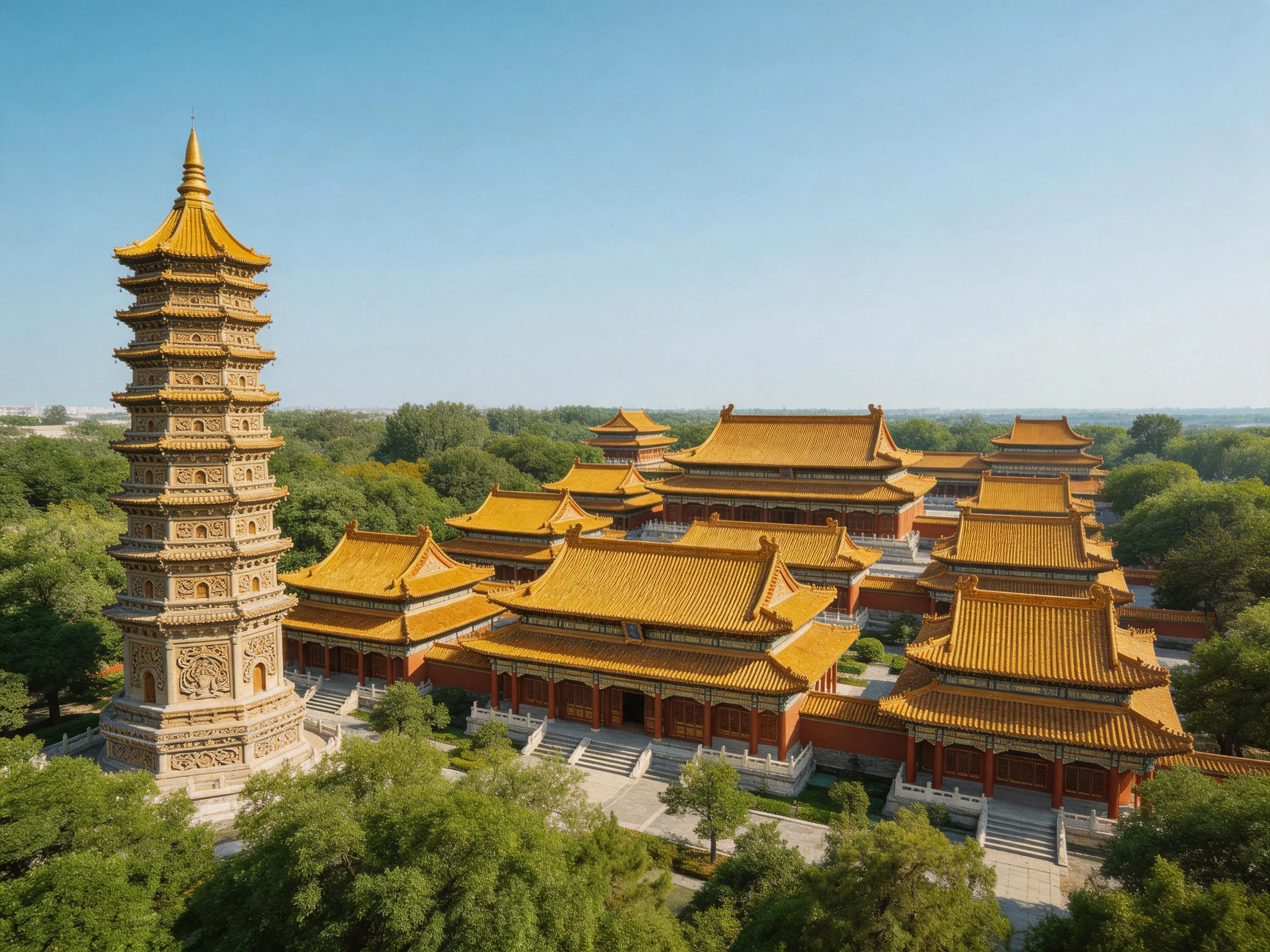 A grand ancient temple complex with golden rooftops and a tall stone tower