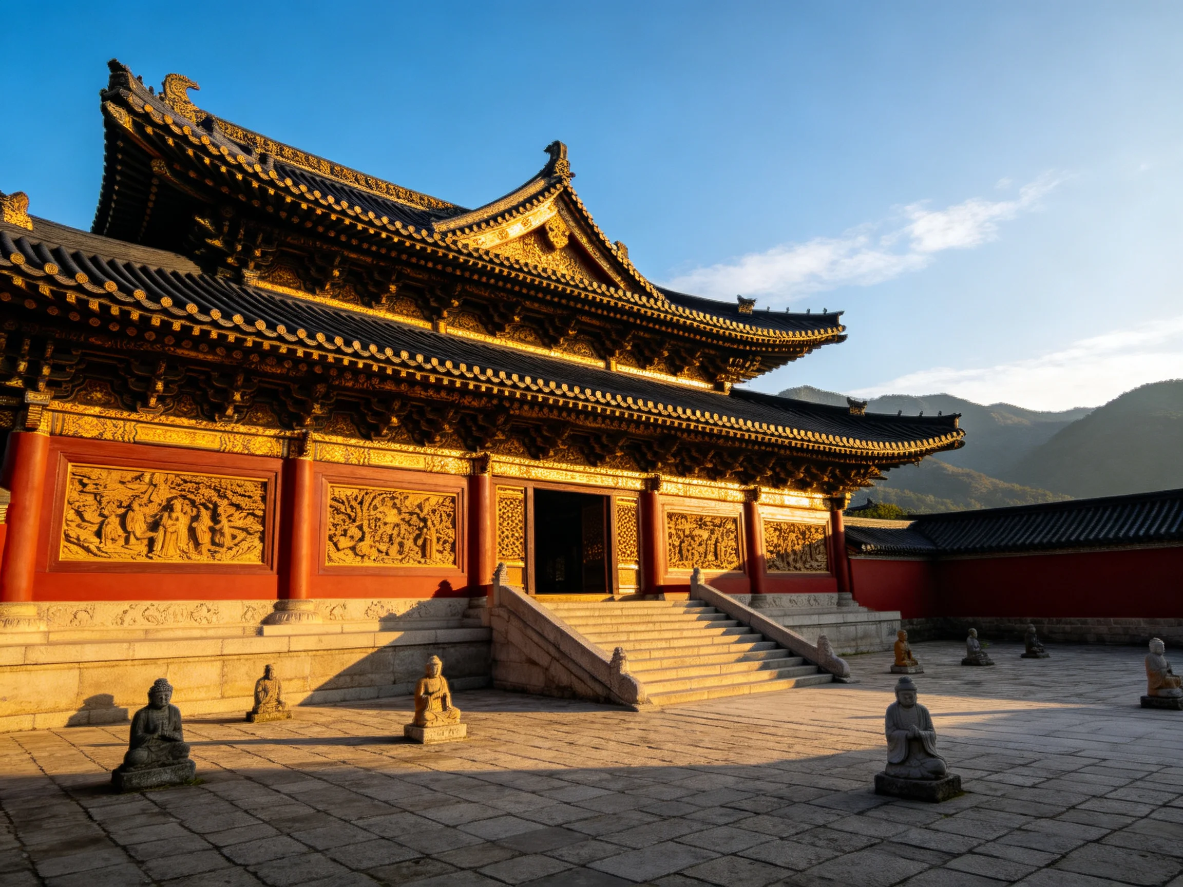 A grand ancient temple with golden carvings and red walls surrounded by stone statues