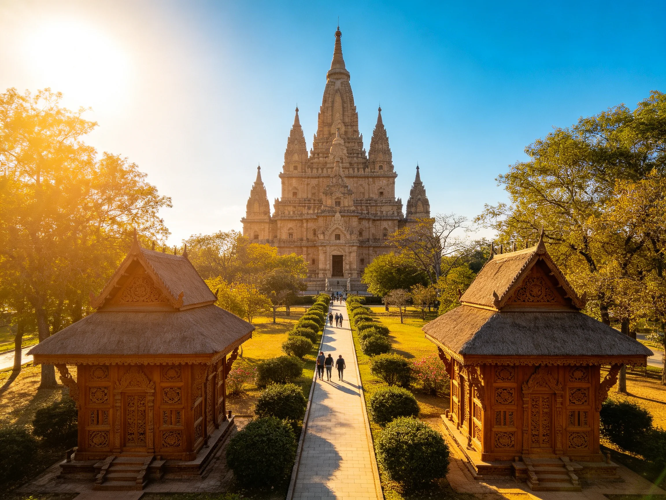 A grand ancient temple with ornate spires near wooden shrines under golden sunlight