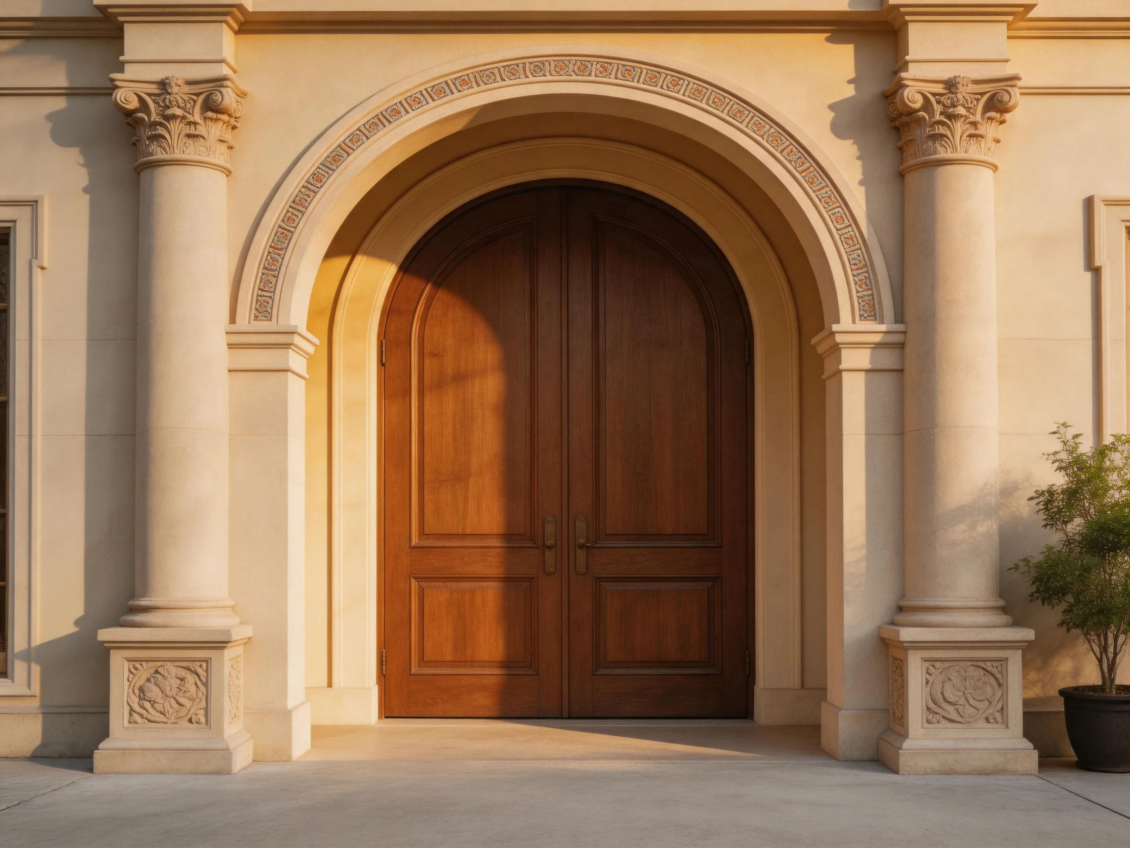 A grand arched entrance with polished wooden double doors