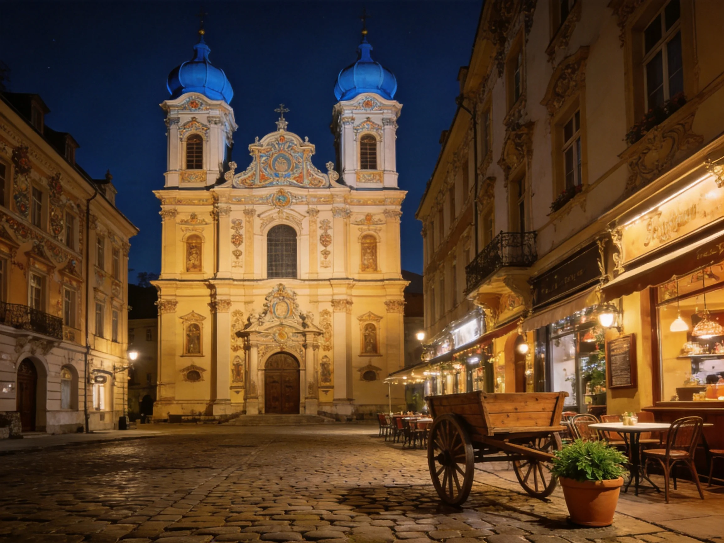 A grand baroque church with blue domes stands amid historic buildings at night