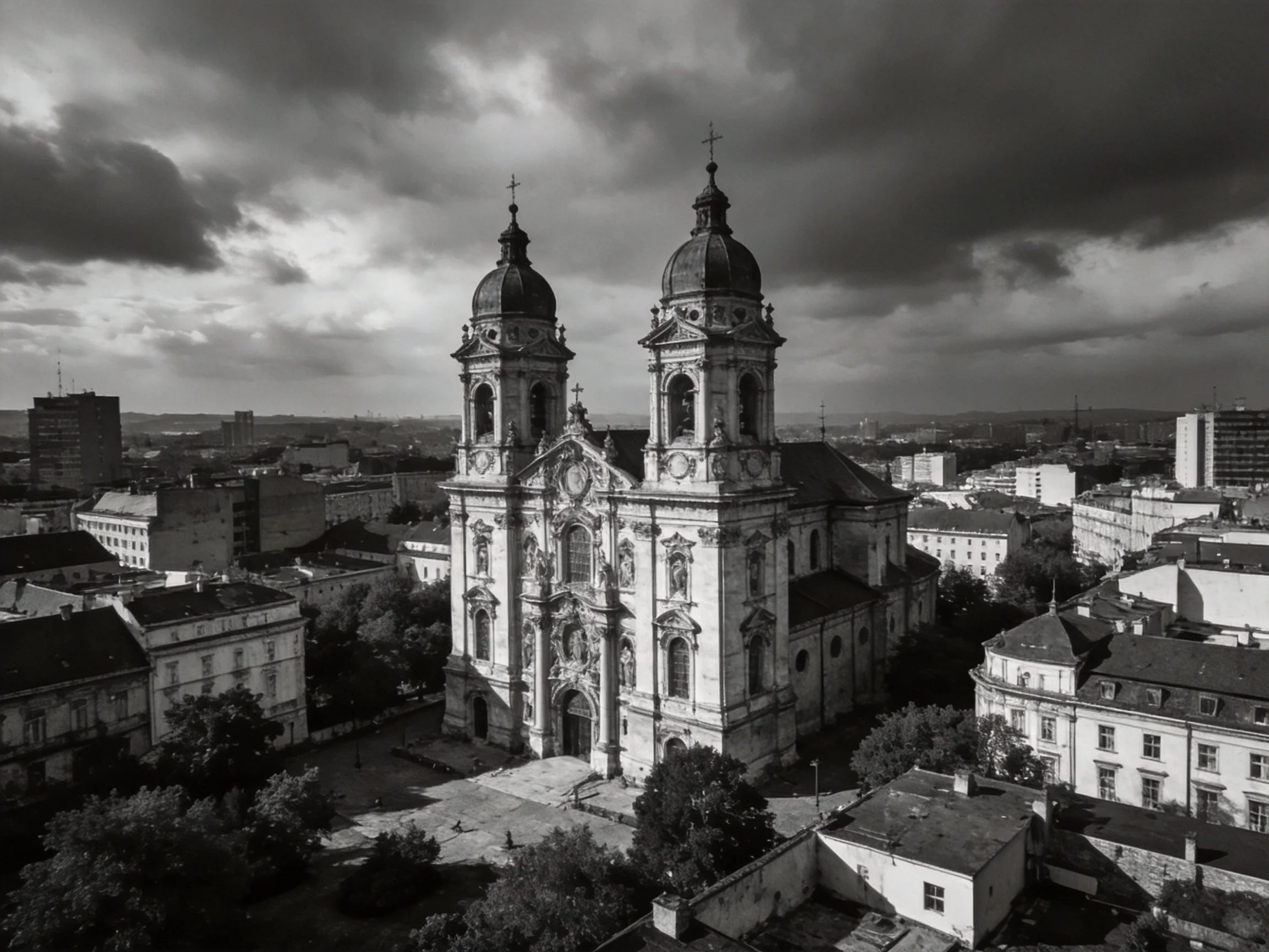 A grand baroque church with twin domes amidst urban buildings