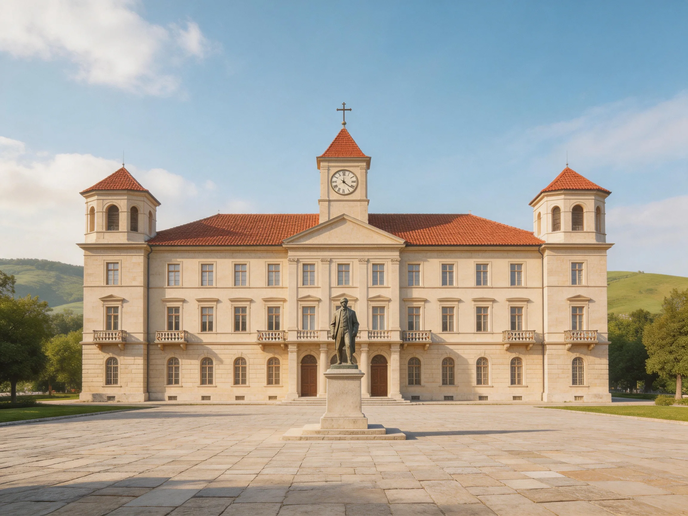 A grand beige building with red roofs and central clock tower