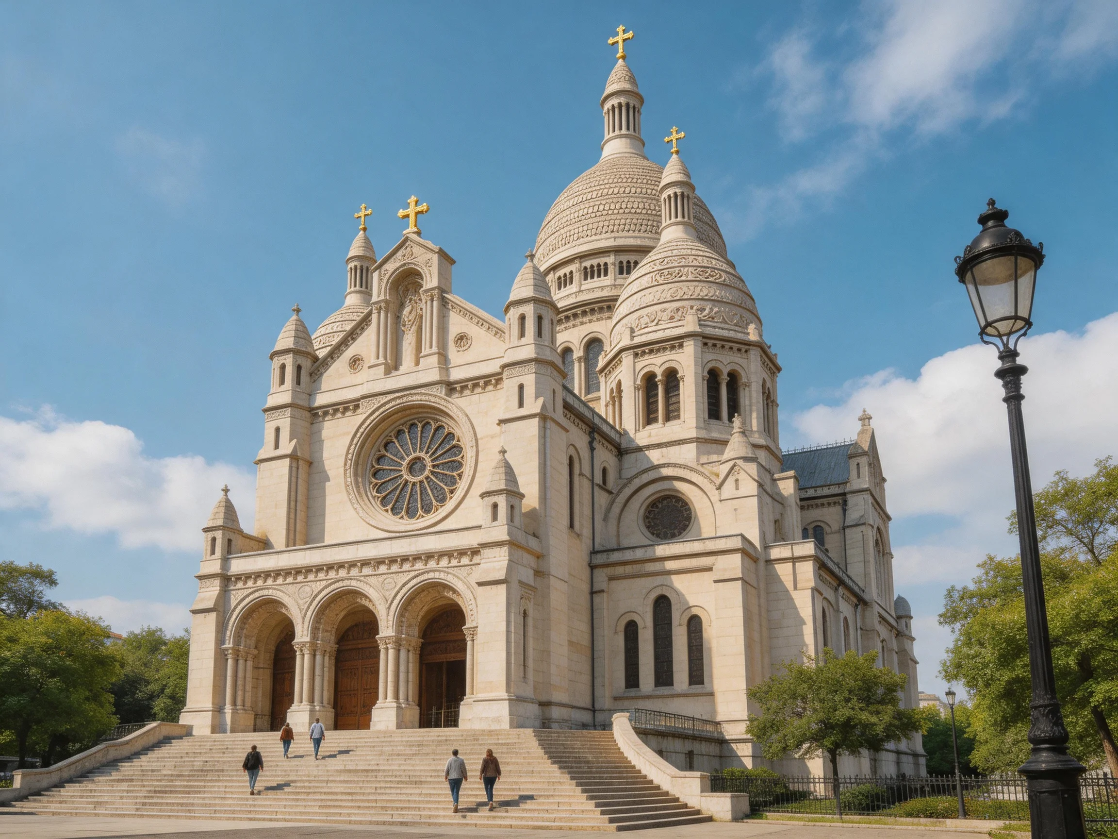 A grand beige cathedral with golden crosses under bright blue sky