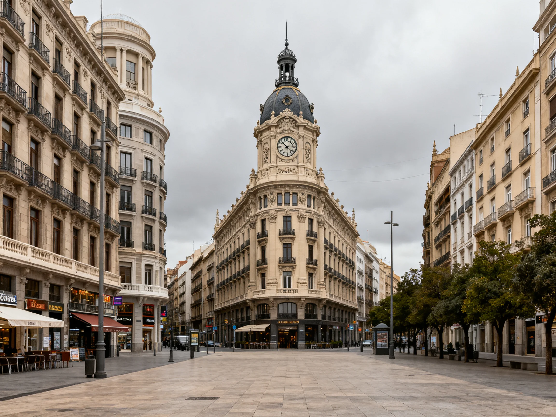 A grand beige clock tower building in a historic European city square