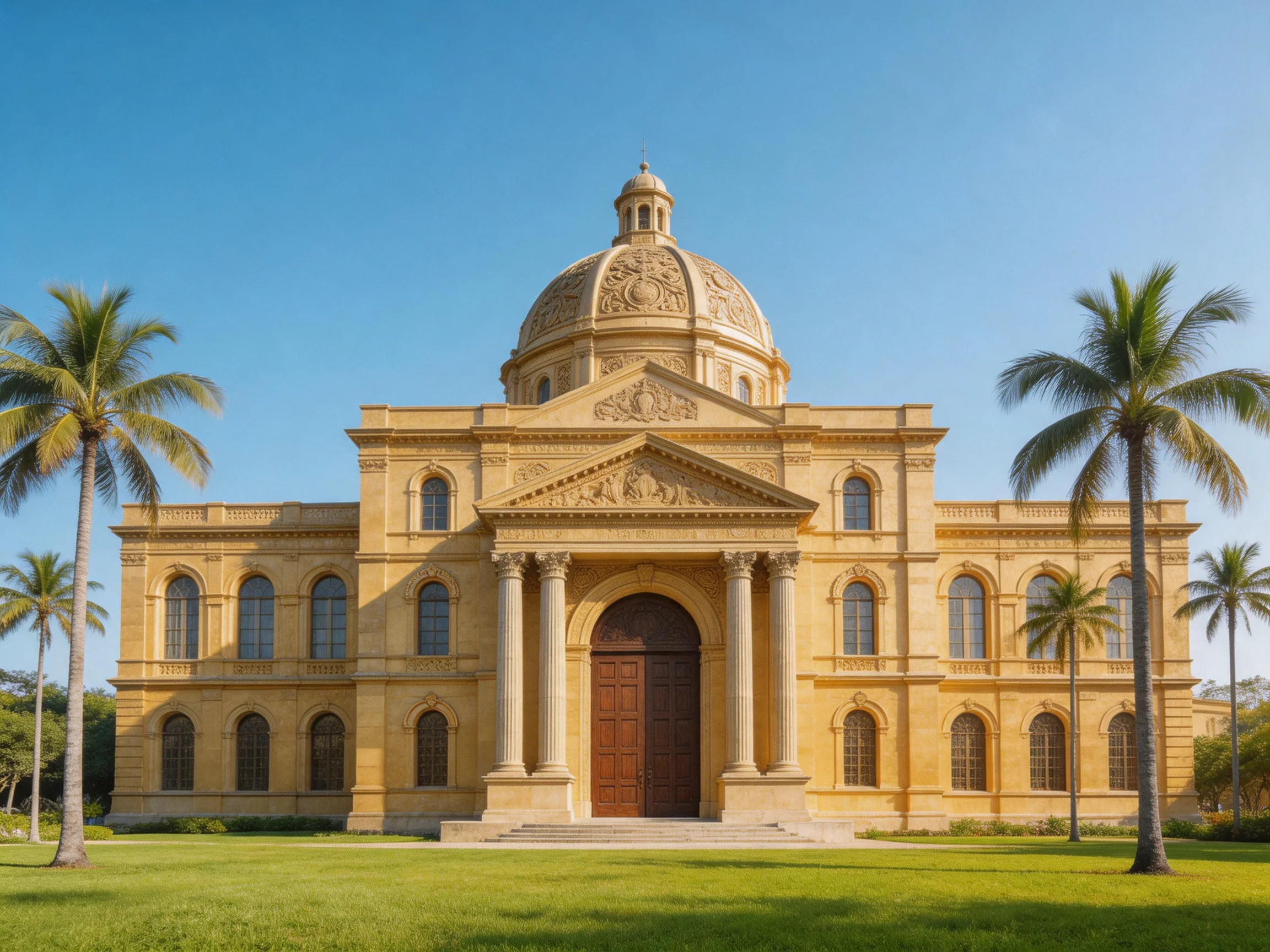 A grand beige domed building with palm trees
