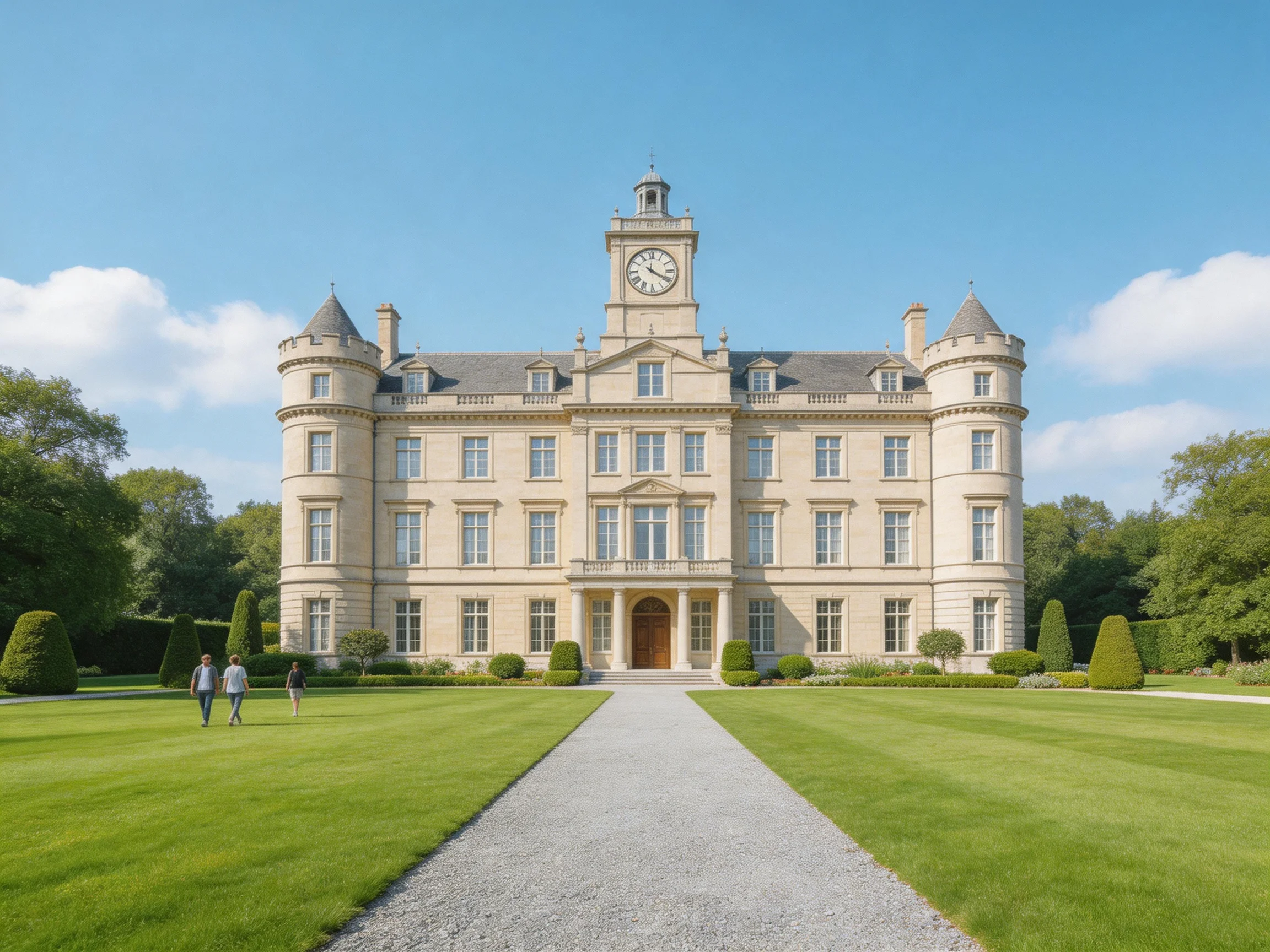 A grand beige mansion with a central clock tower and manicured lawns