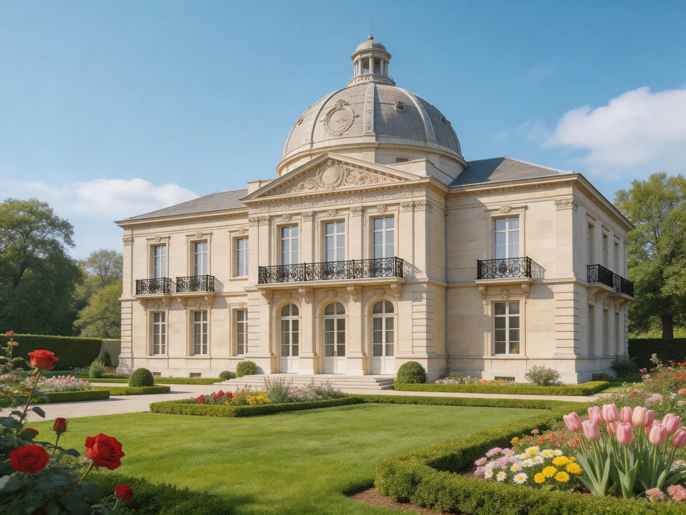A grand beige mansion with a domed roof near vibrant flower gardens