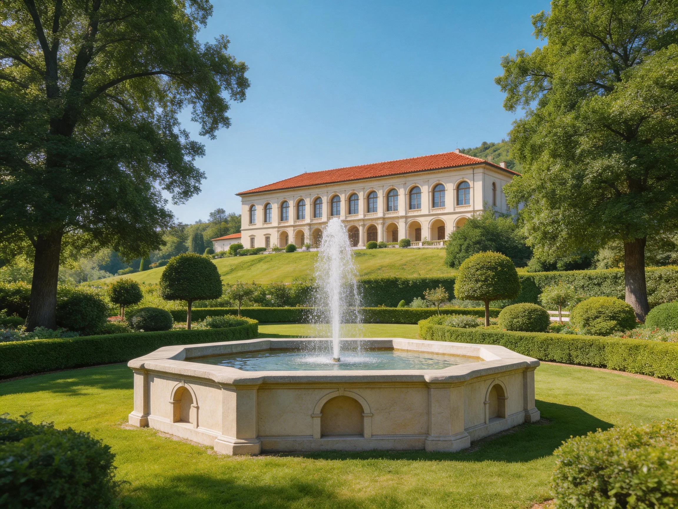 A grand beige mansion with red roof overlooks a stone fountain in a landscaped garden.