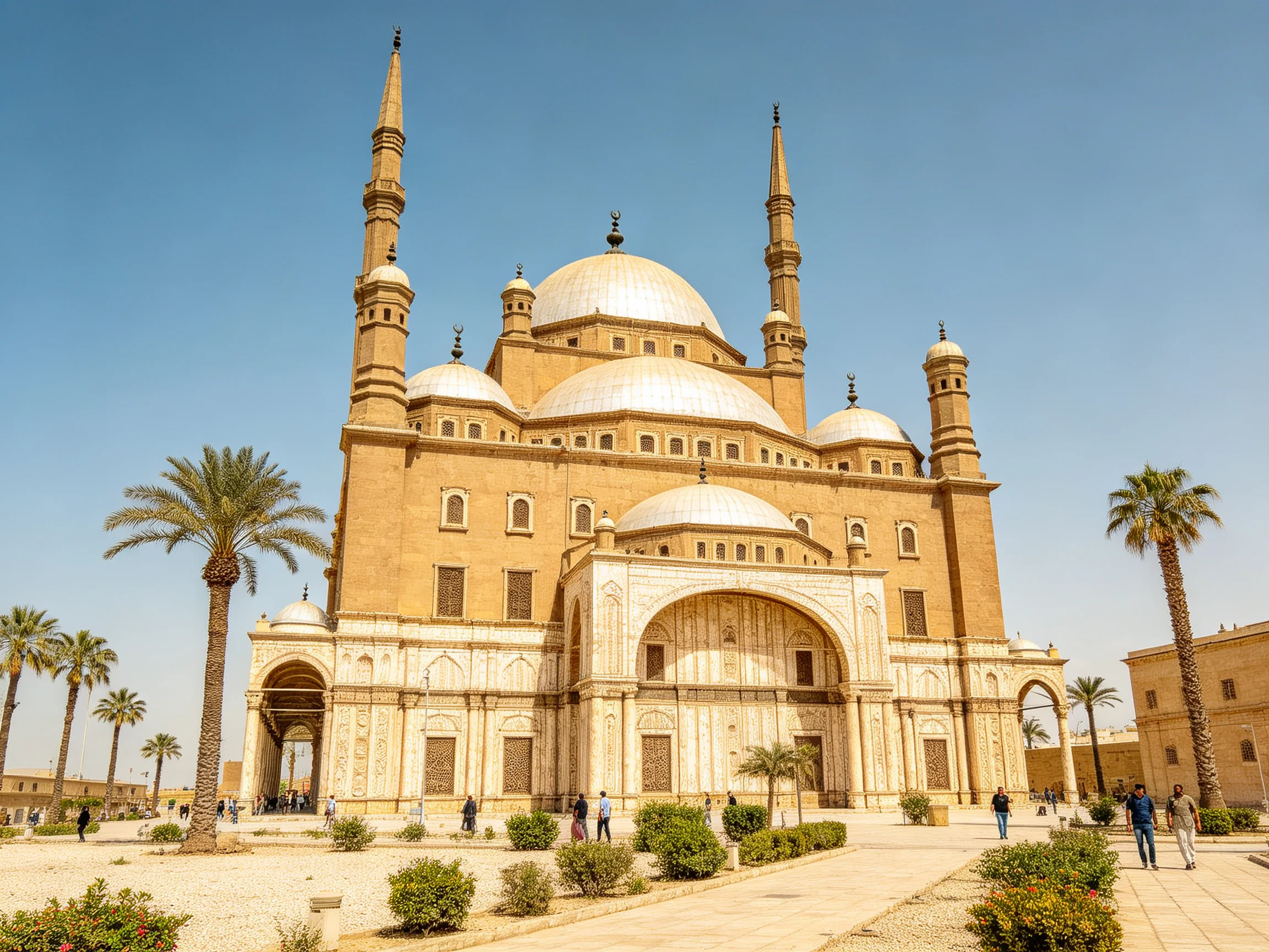 A grand beige mosque with silver domes and tall minarets