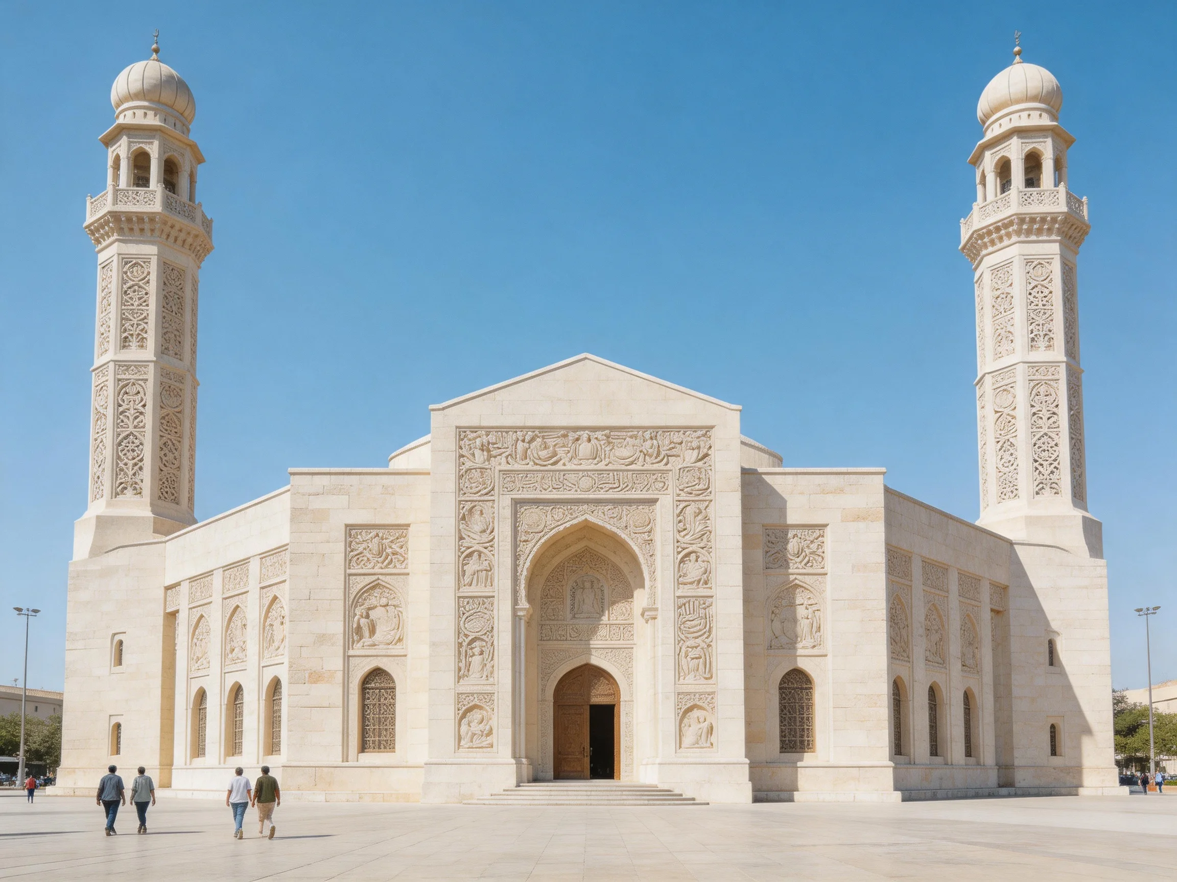 A grand beige mosque with two ornate minarets under bright blue sky