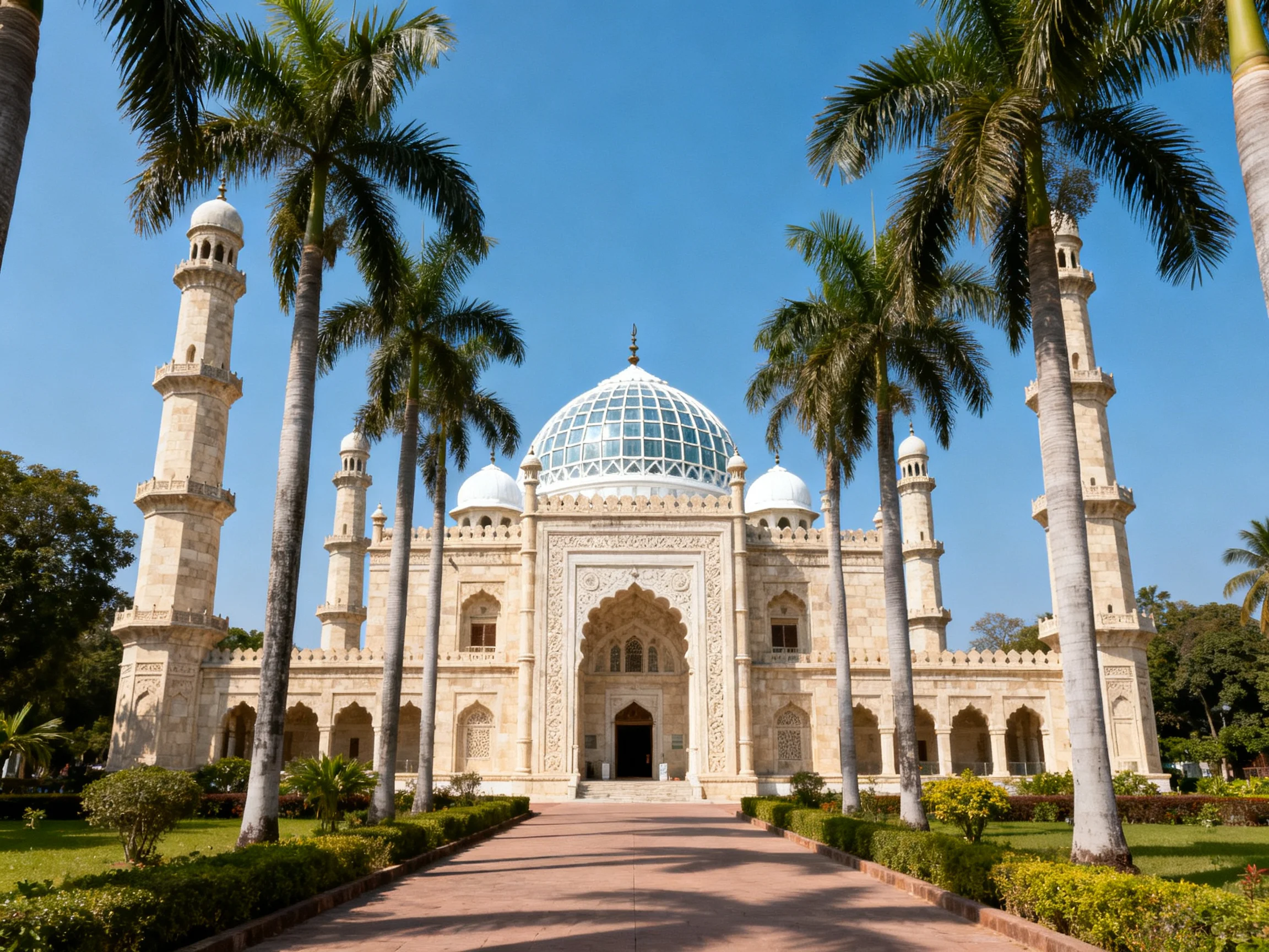 A grand beige mosque with white domes and tall minarets