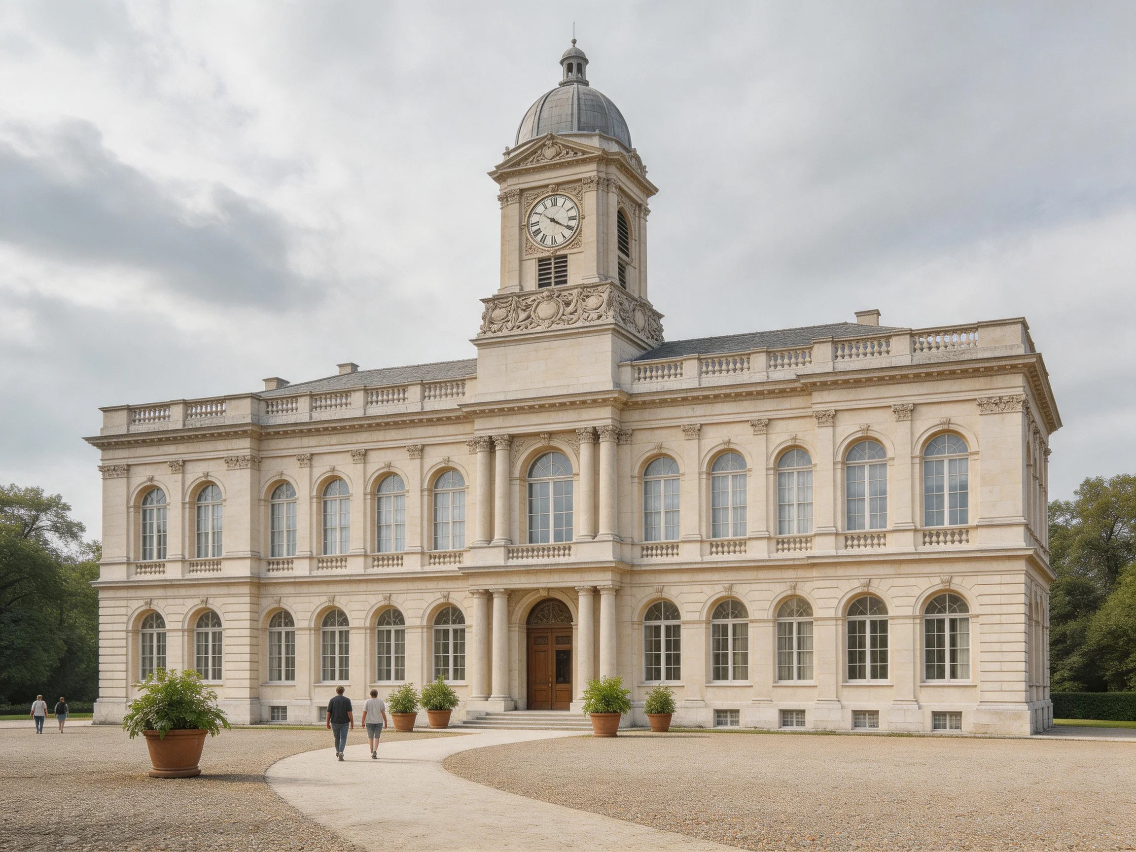 A grand beige stone building with a central clock tower
