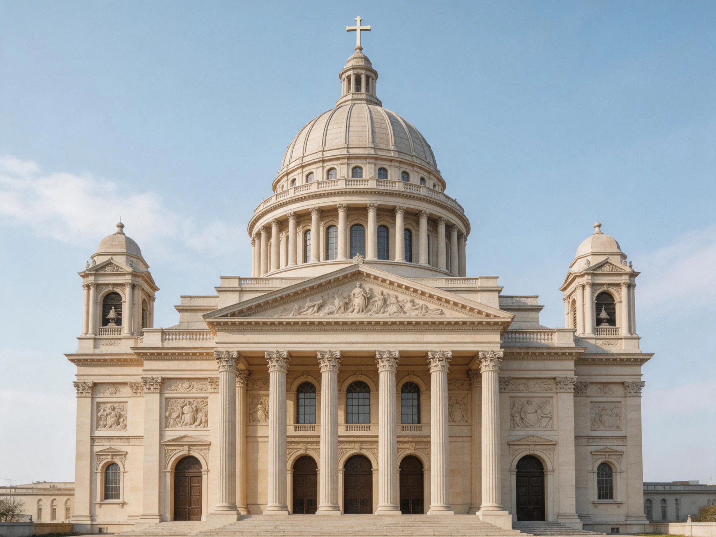 A grand beige stone cathedral with central dome and columns