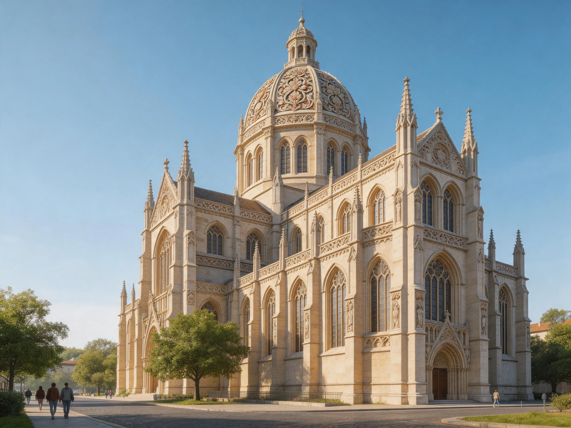A grand beige stone cathedral with ornate dome and spires