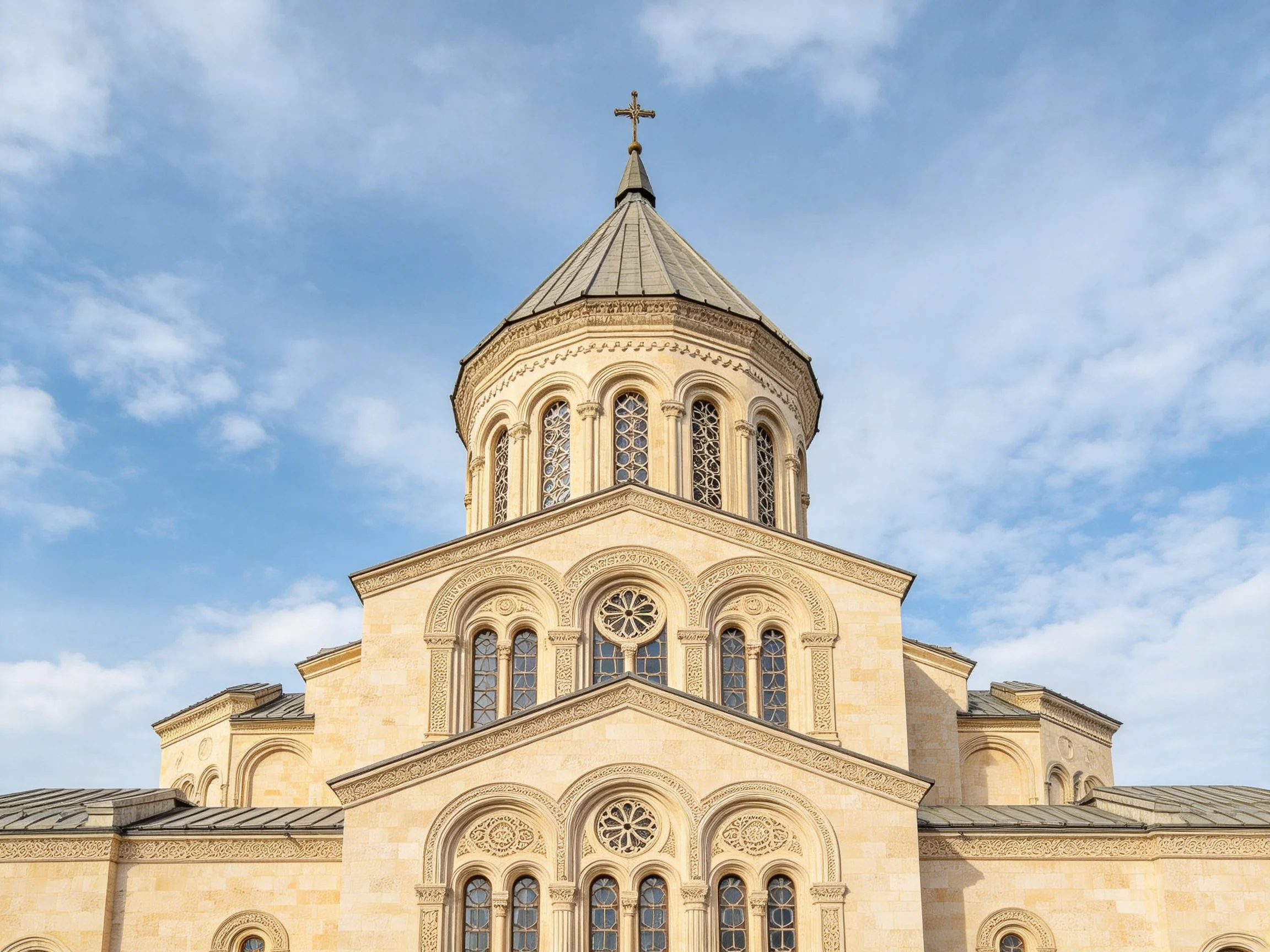A grand beige stone church with ornate arches and a domed tower