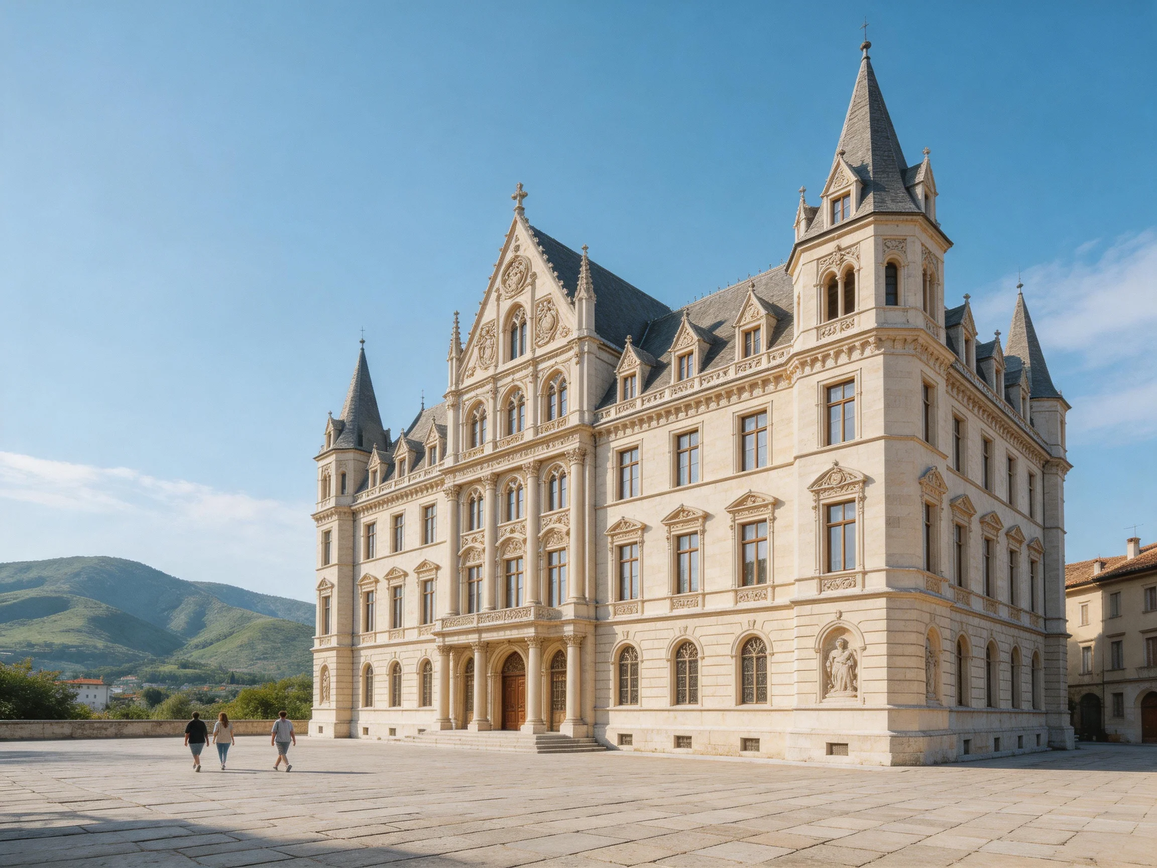 A grand beige stone mansion with Gothic spires and ornate details