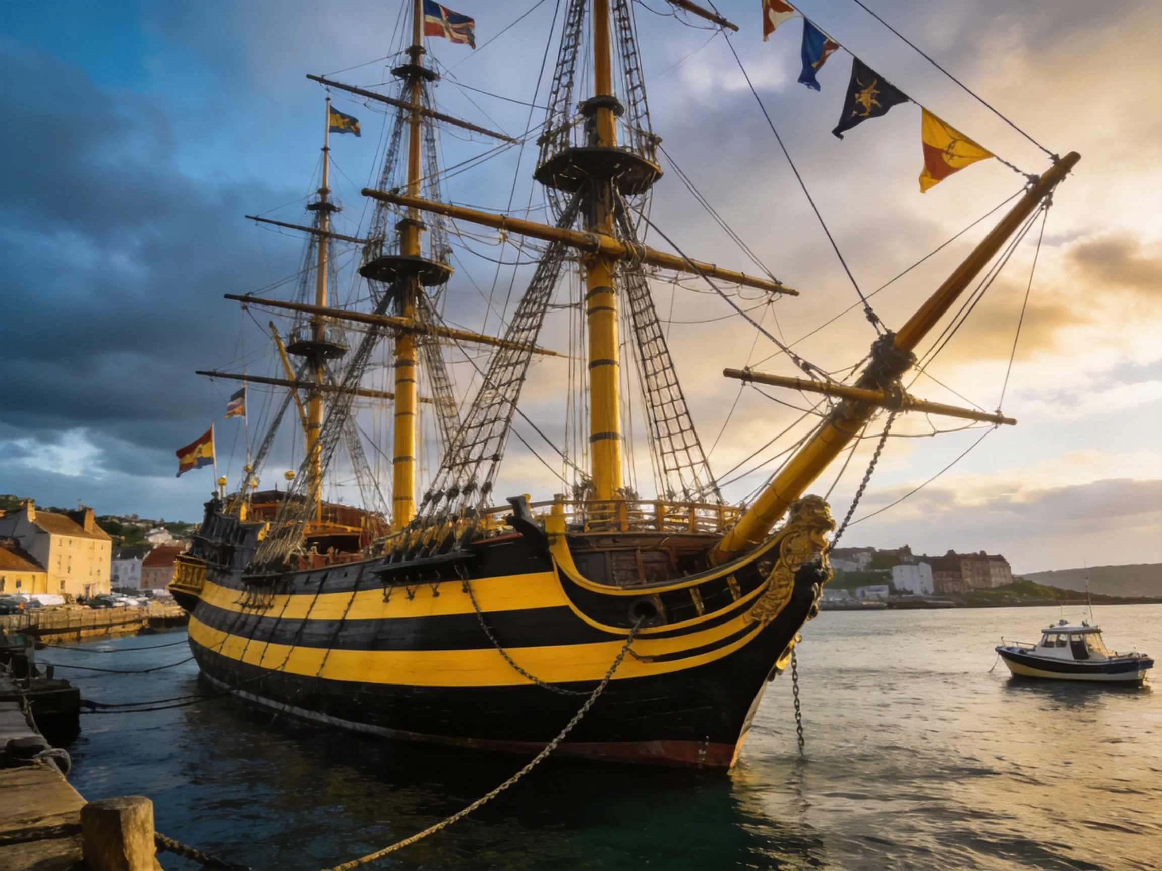 A grand black-and-yellow tall ship docked at a harbor