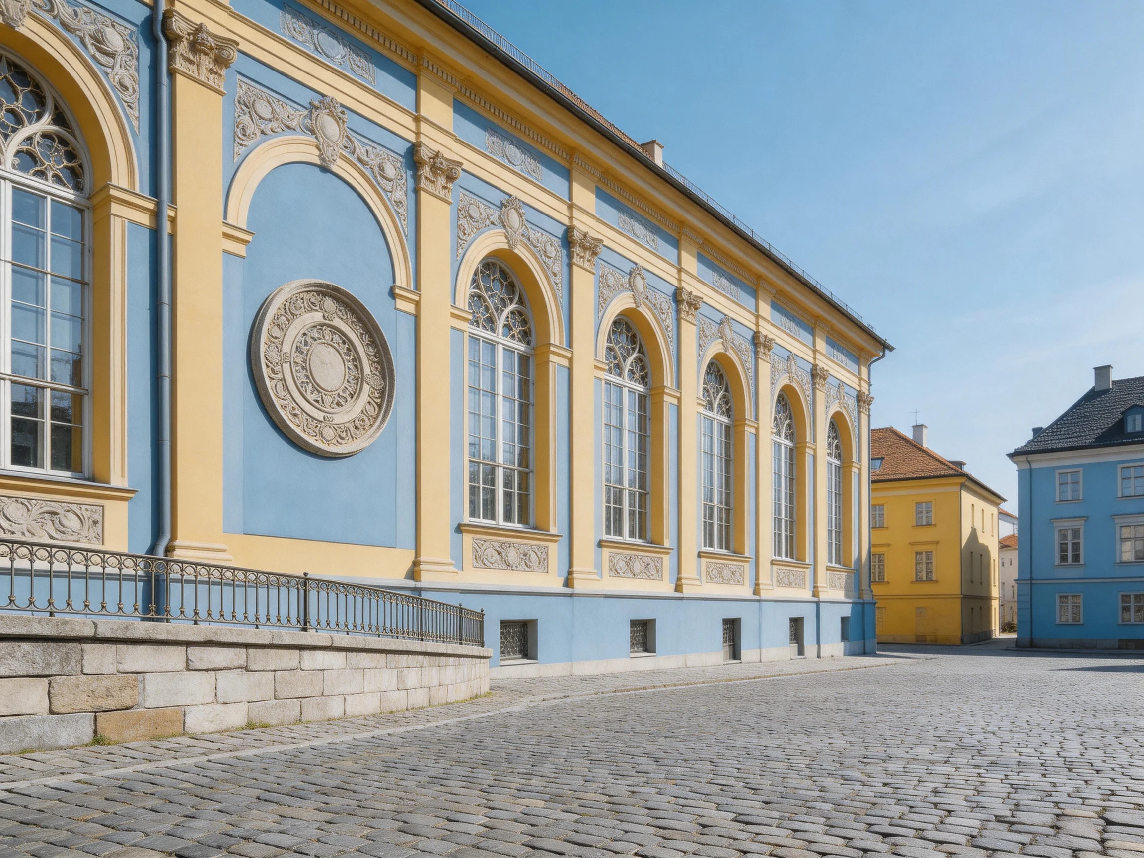 A grand blue and gold historic building beside cobblestone plaza