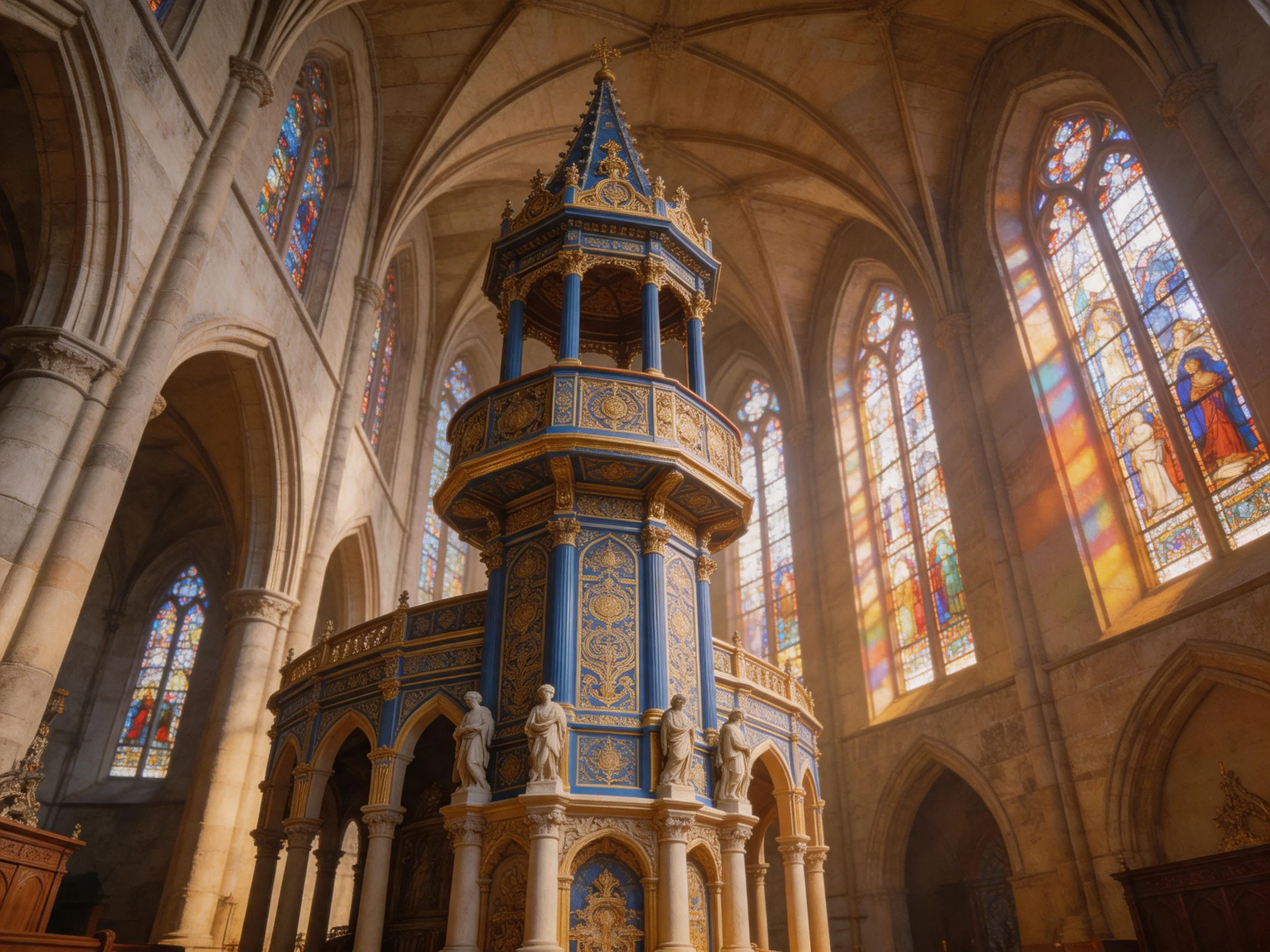 A grand blue and gold pulpit in a cathedral with tall stained glass windows