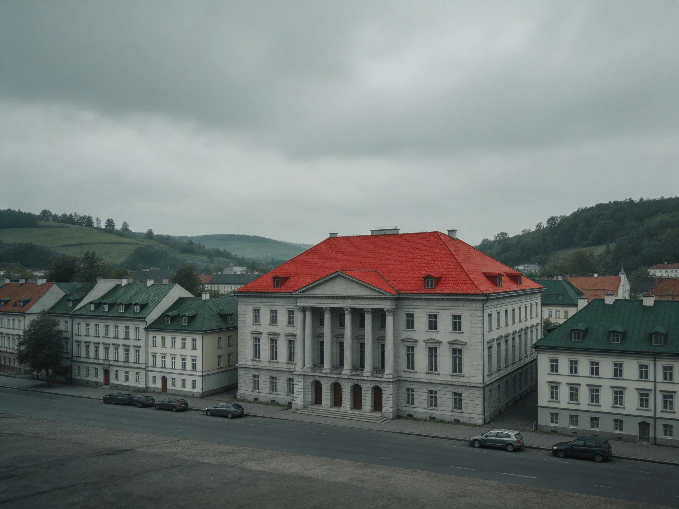 A grand building with a vivid red roof among historic structures