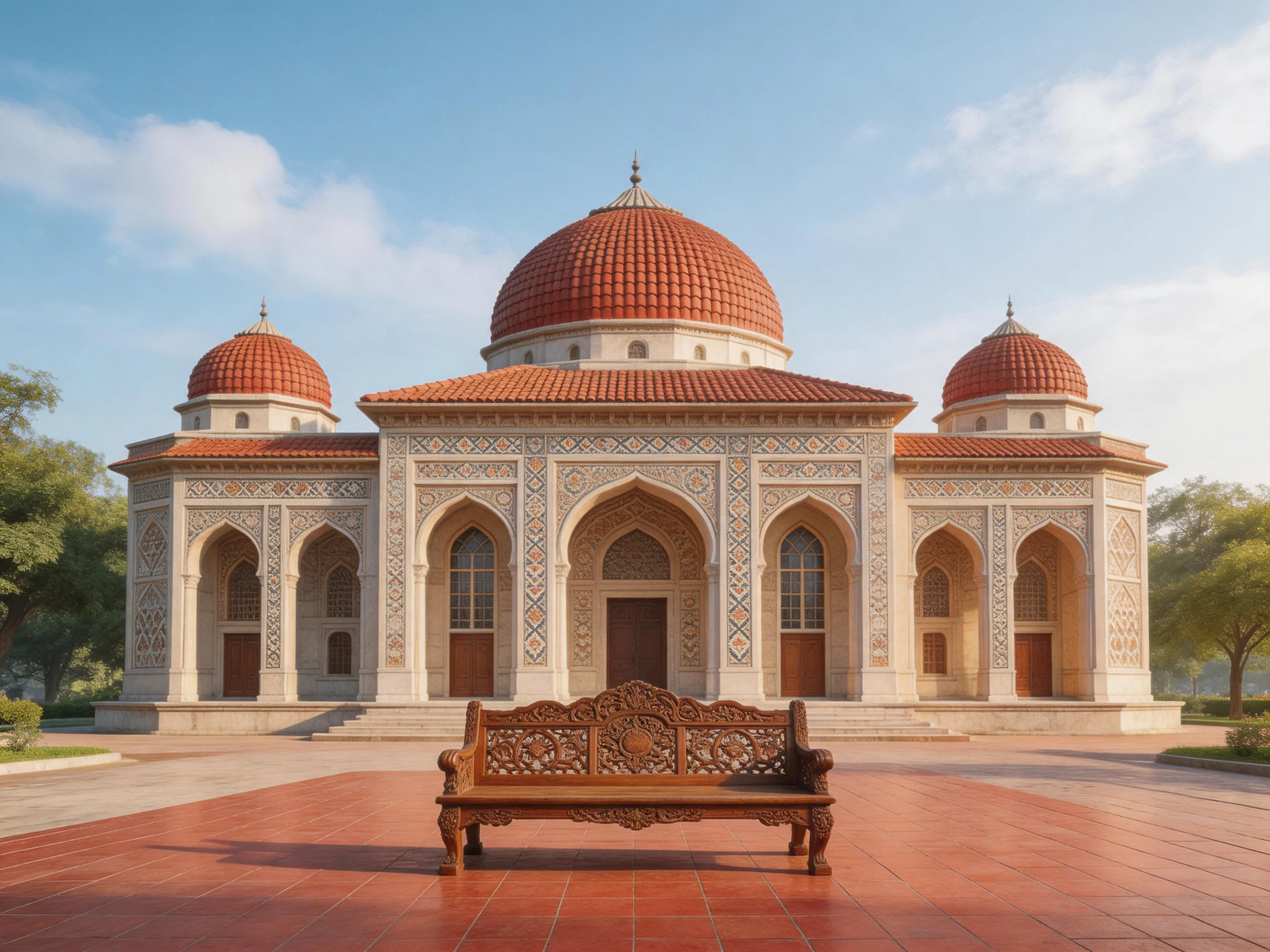 A grand building with three red-tiled domes and ornate carvings