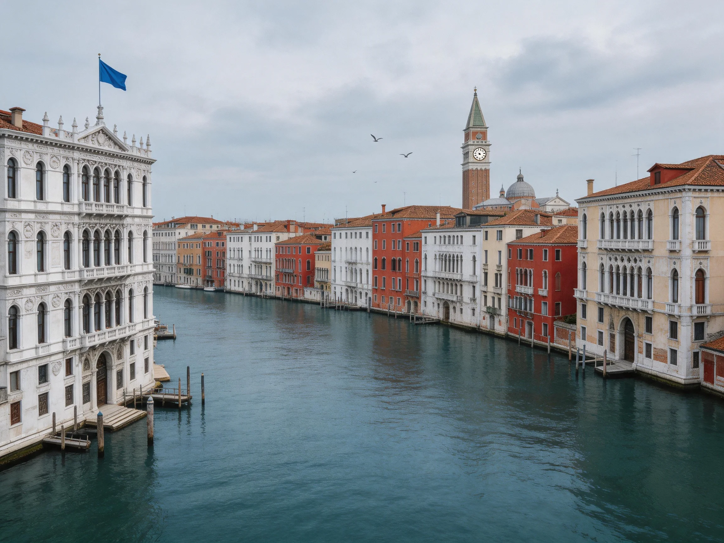A grand canal bordered by colorful historic buildings with a tall clock tower