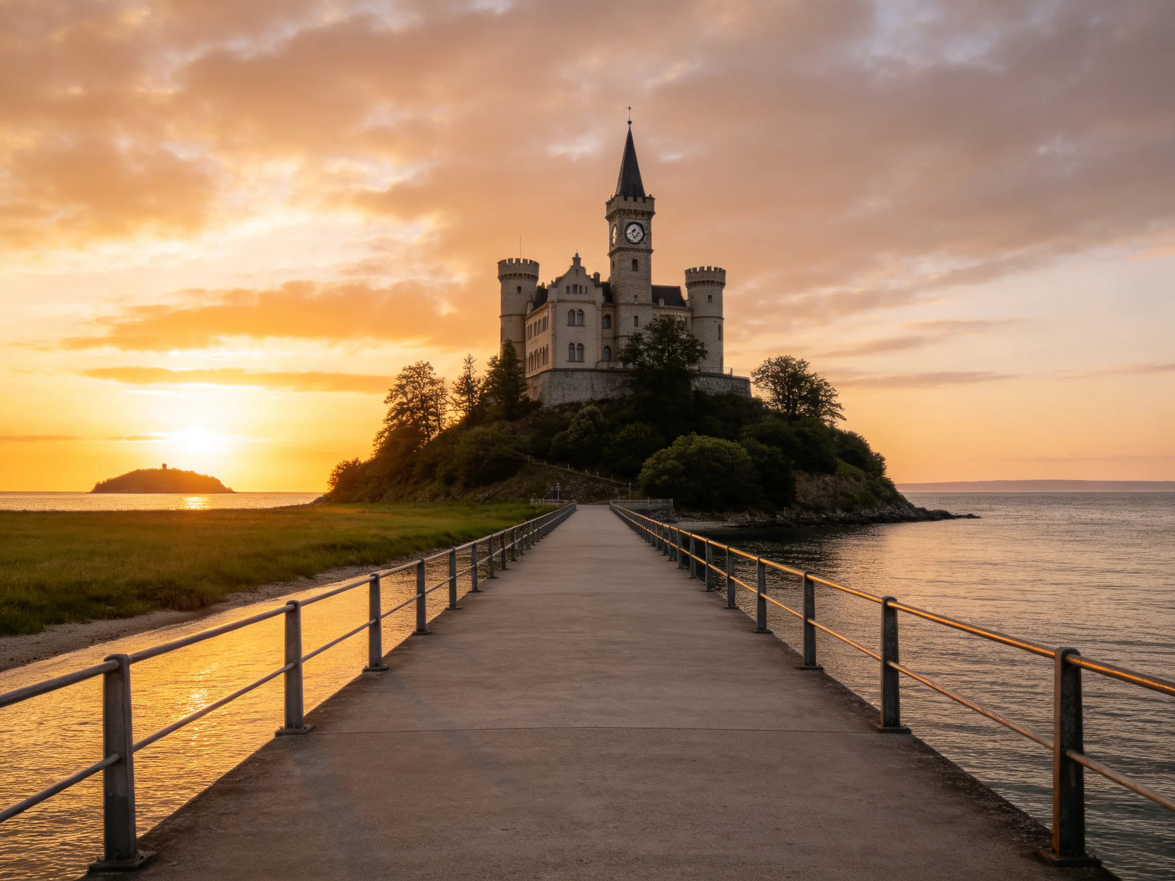 A grand castle sits on a small island beside a sunset-lit bridge over calm waters.
