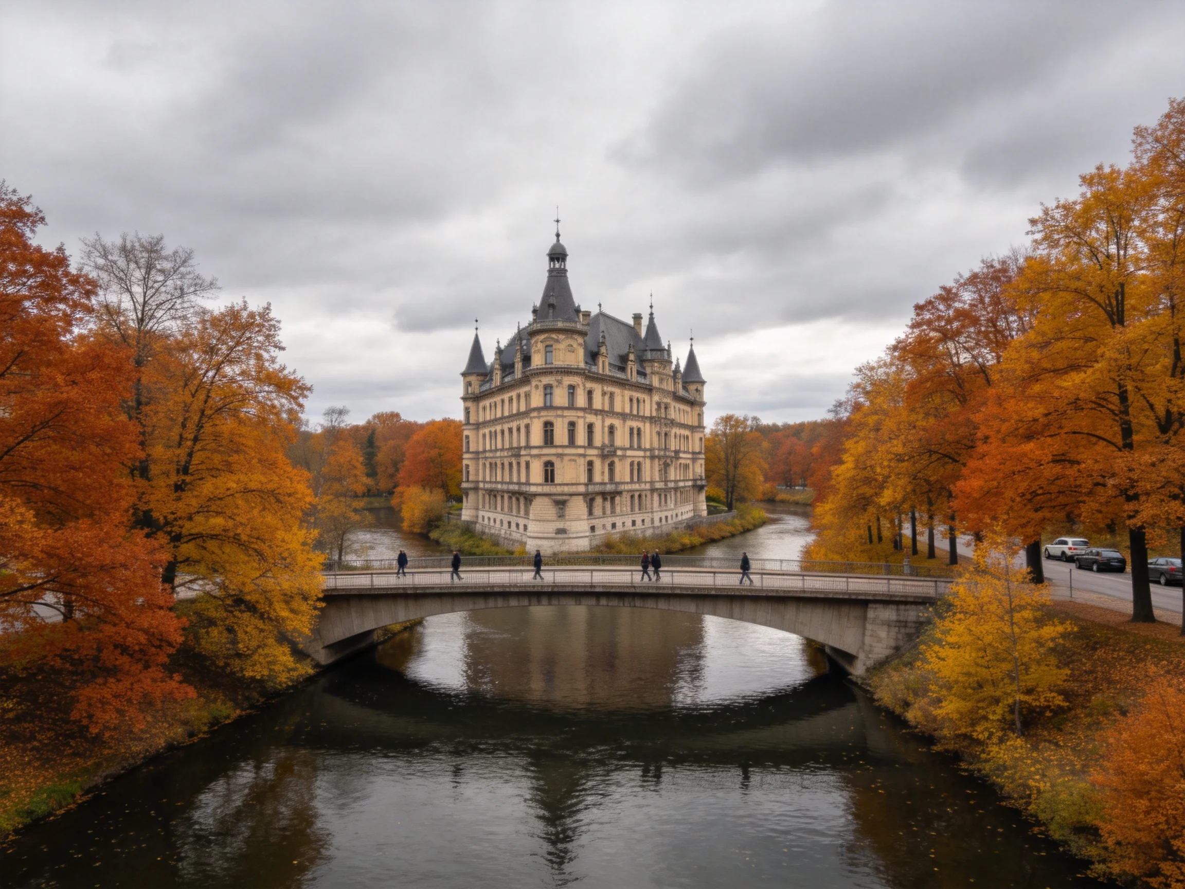 A grand castle with dark roofs amid vibrant autumn trees by a river