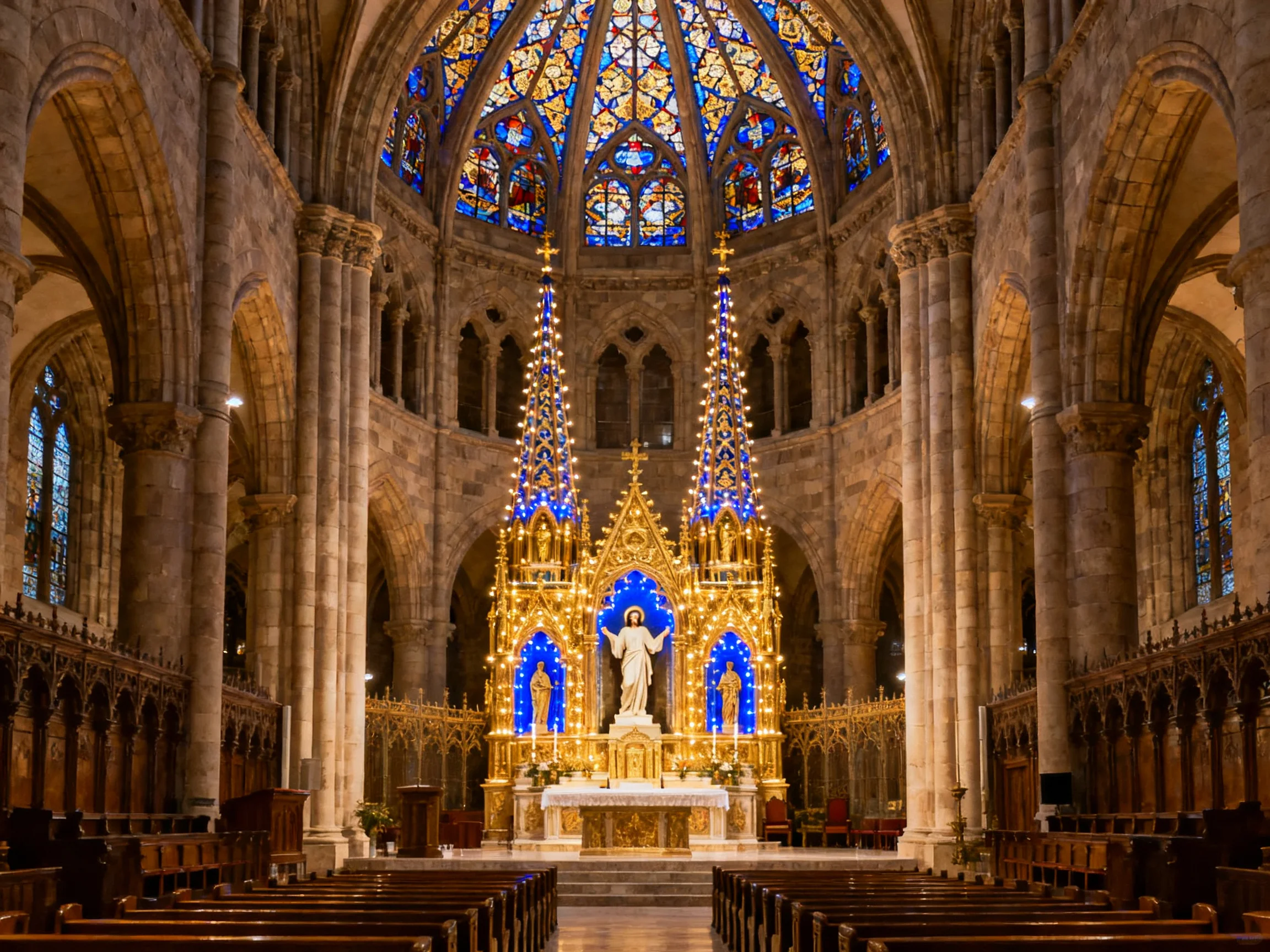 A grand cathedral interior with ornate golden altar and blue-stained glass dome