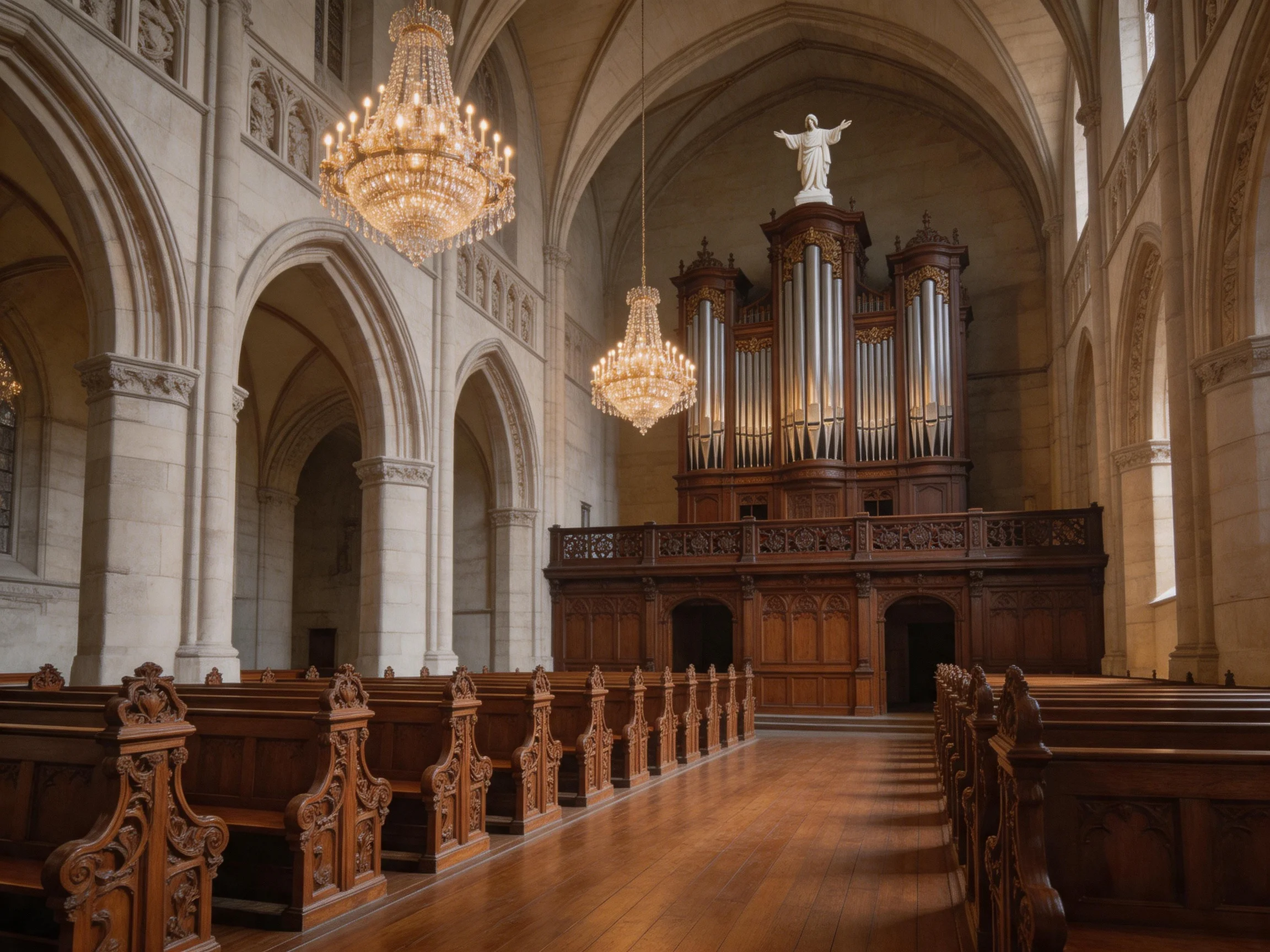 A grand cathedral interior with ornate wooden pews and crystal chandeliers
