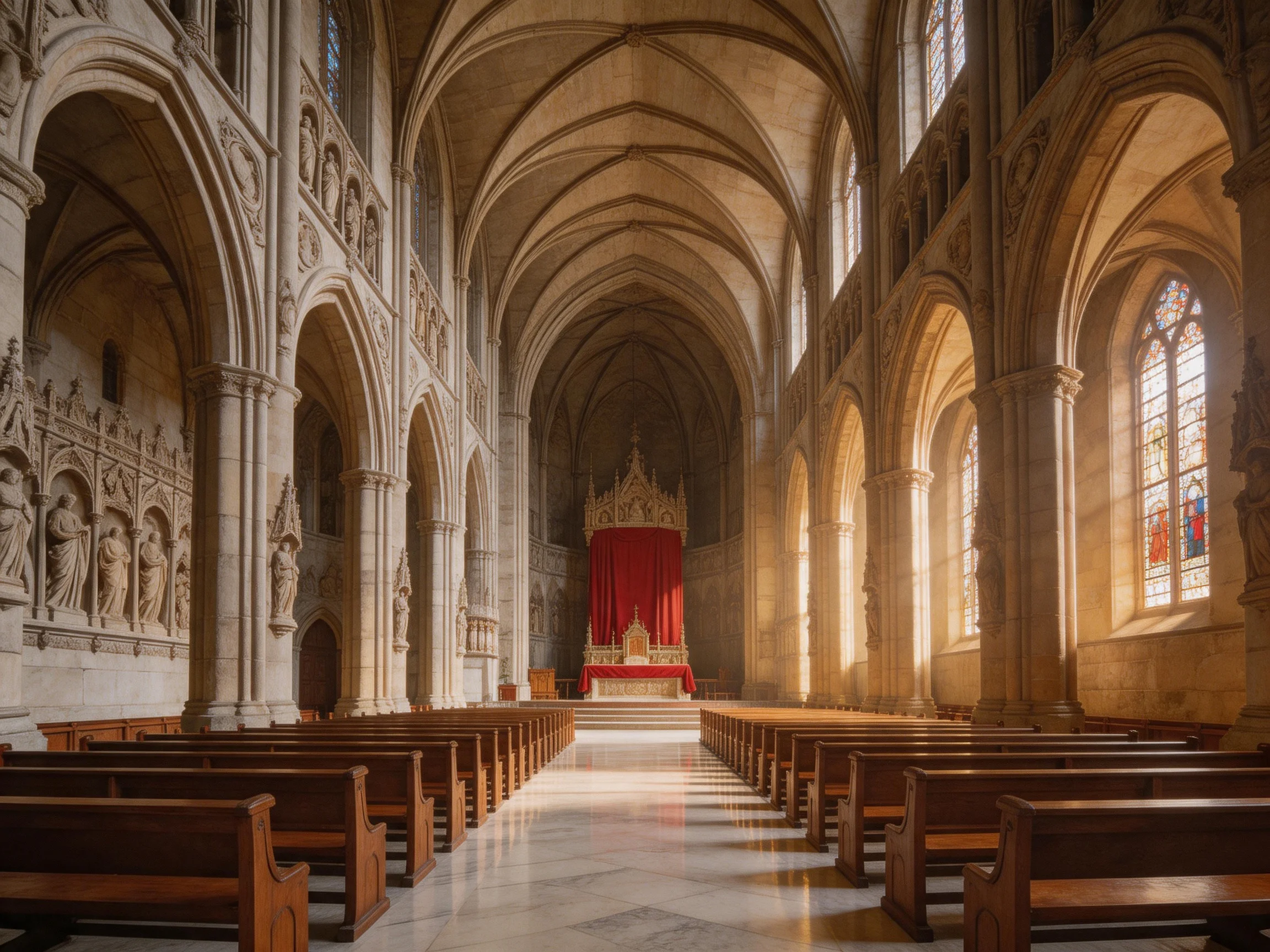 A grand cathedral interior with stone arches and red altar drapery