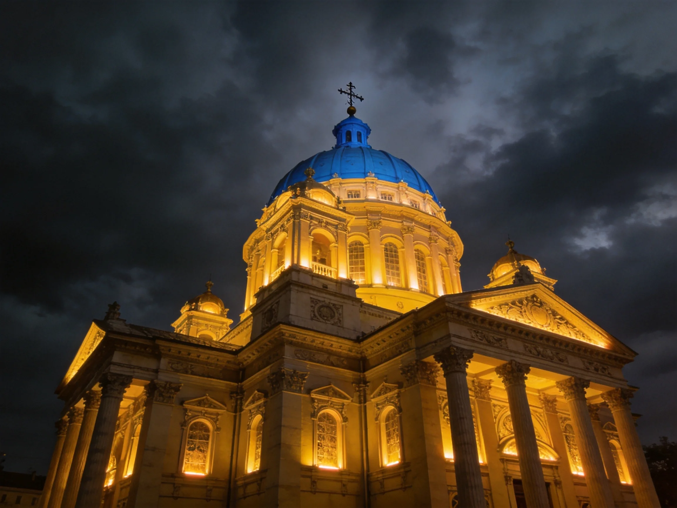 A grand cathedral with a blue dome illuminated by golden lights against stormy skies