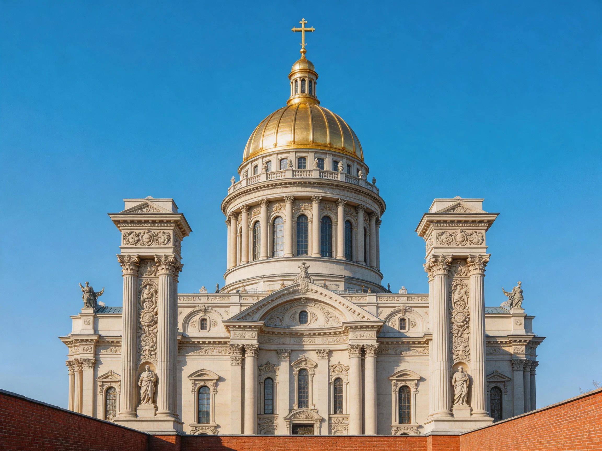 A grand cathedral with a golden dome and ornate columns