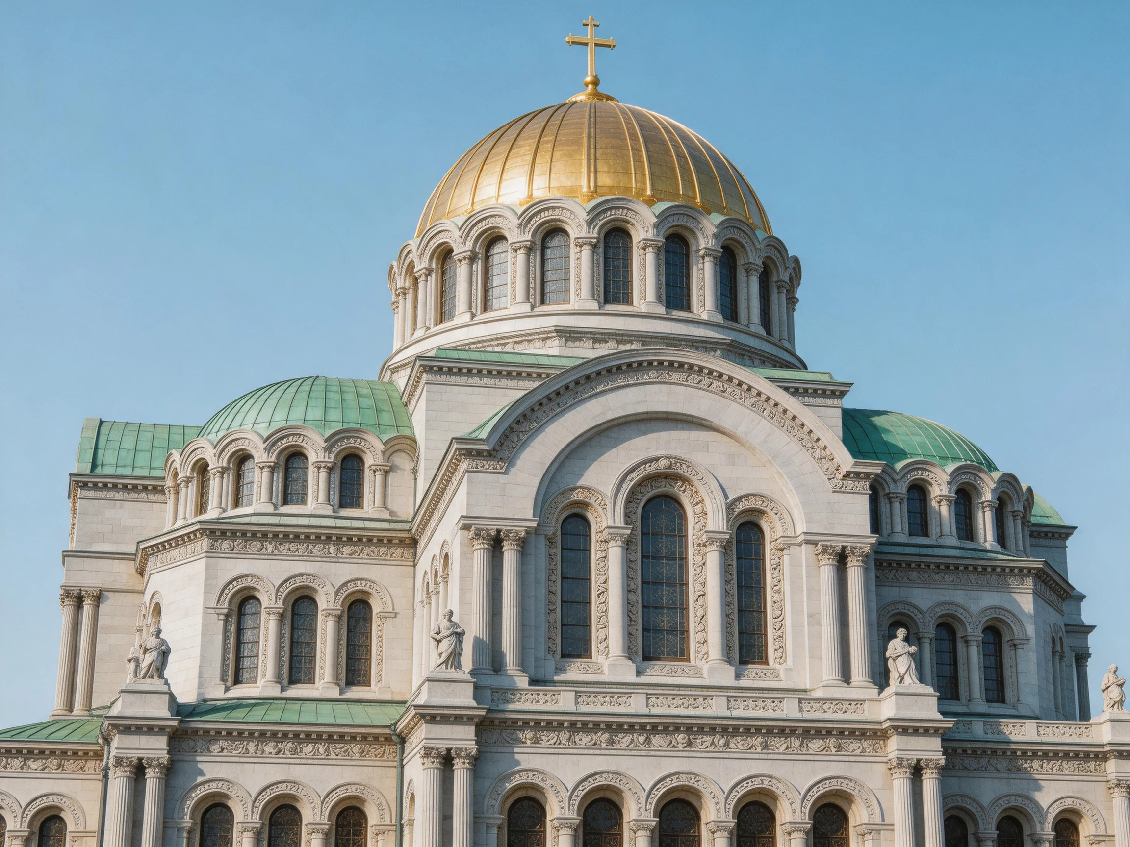 A grand cathedral with golden dome and white stone facade