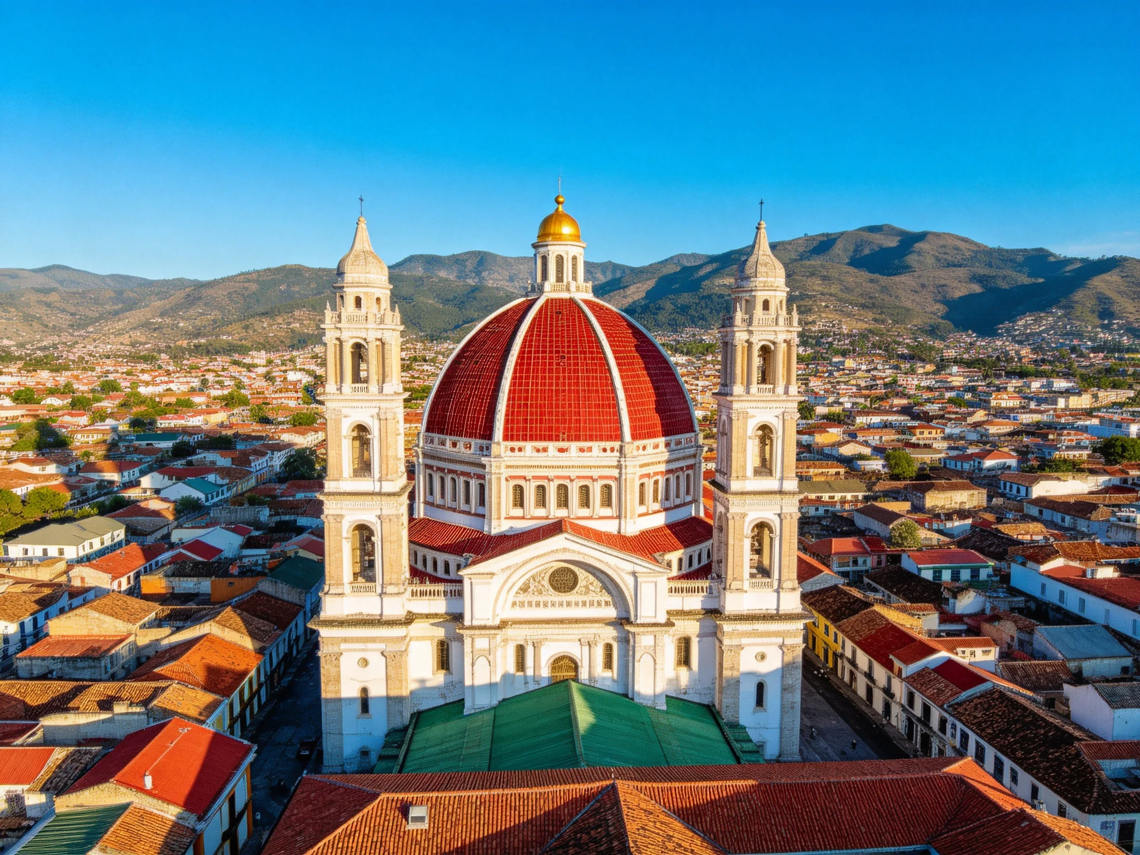 A grand cathedral with red dome, twin towers, and mountain backdrop