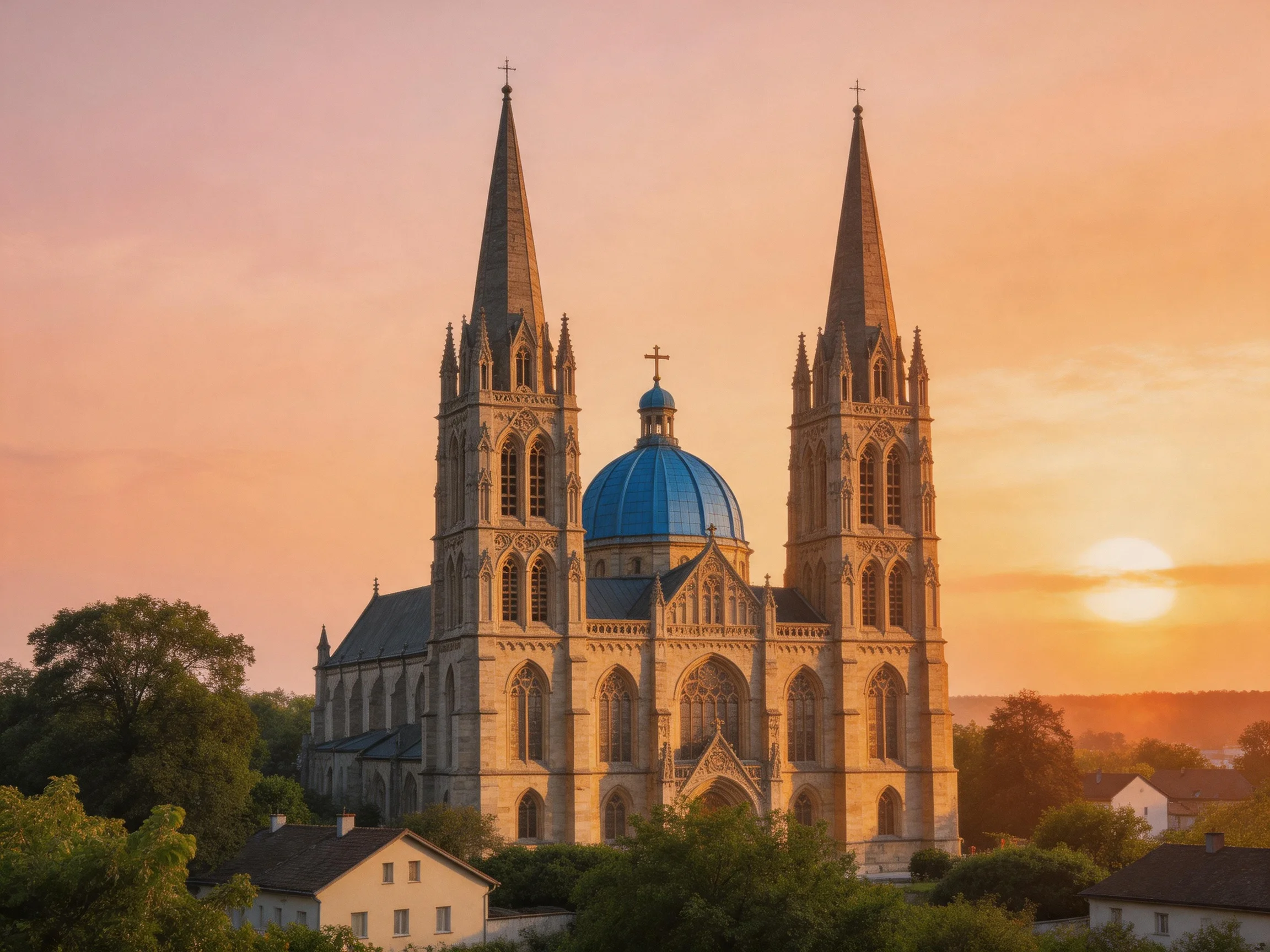 A grand cathedral with twin spires and a blue dome at sunset