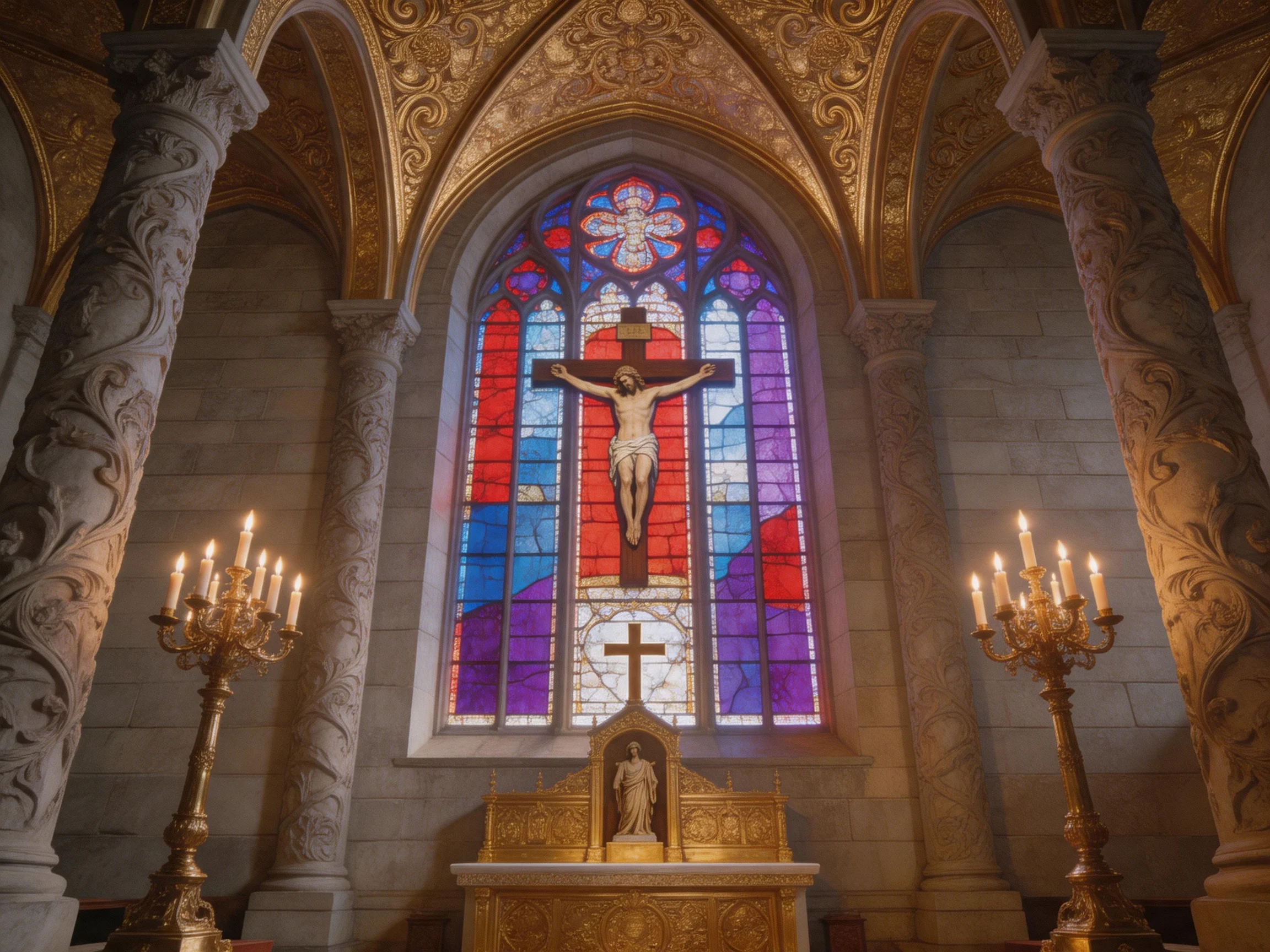 A grand church altar with colorful stained glass and ornate candelabras
