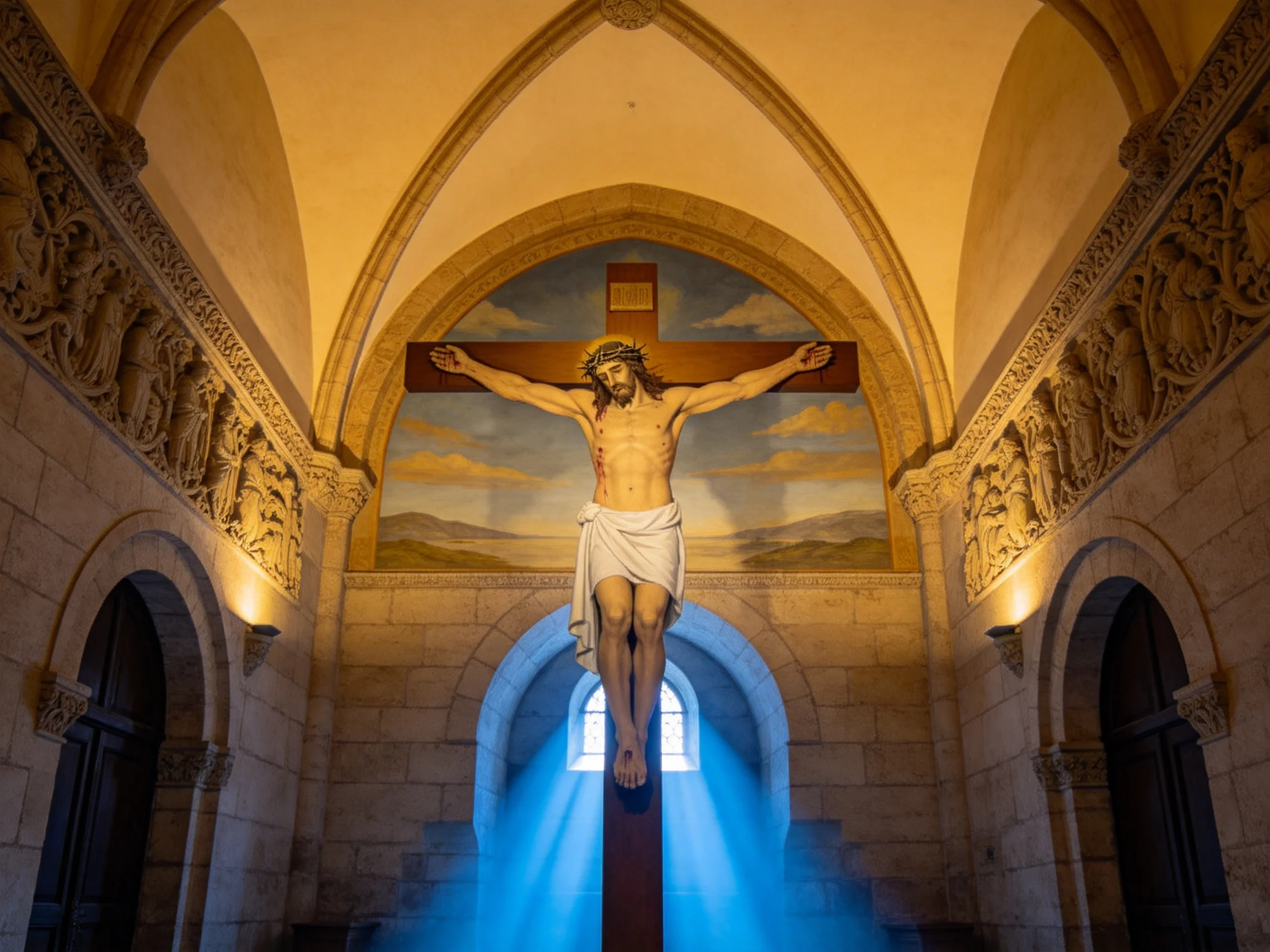 A grand church interior with a wooden crucifix and blue light streaming