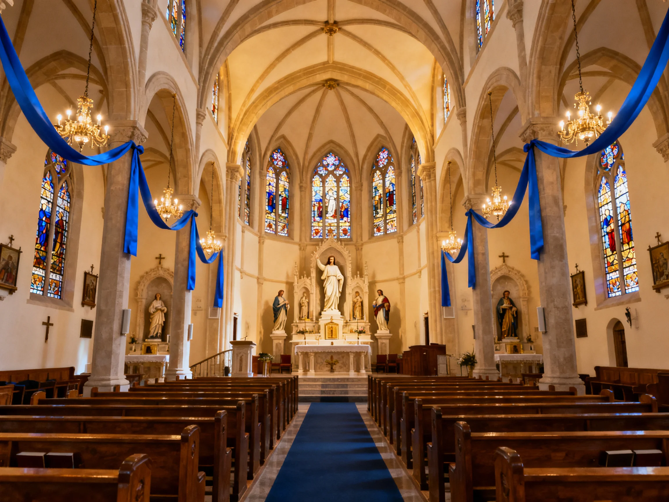 A grand church interior with blue drapery, stained glass, and wooden pews