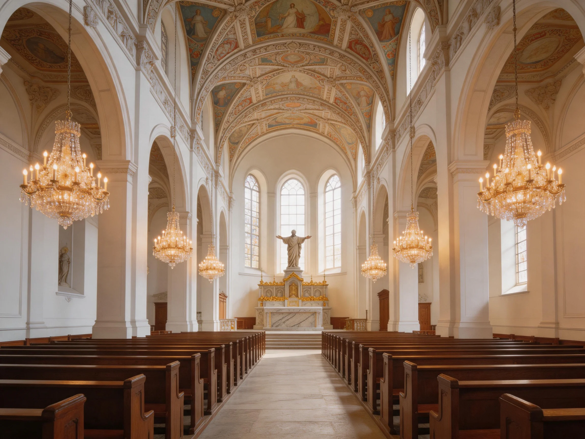 A grand church interior with ornate chandeliers and painted ceilings