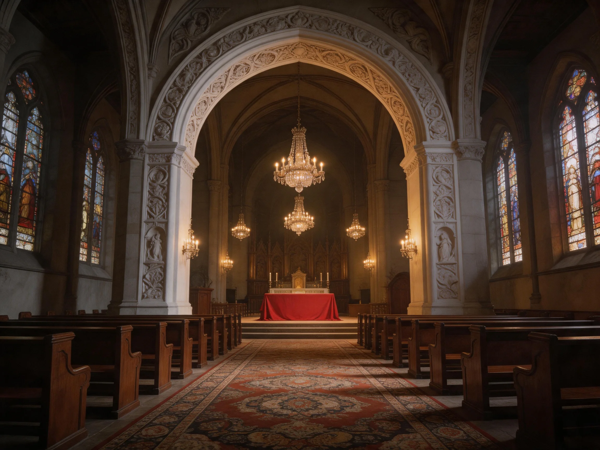 A grand church interior with ornate stone arches, chandeliers, red altar, and stained glass