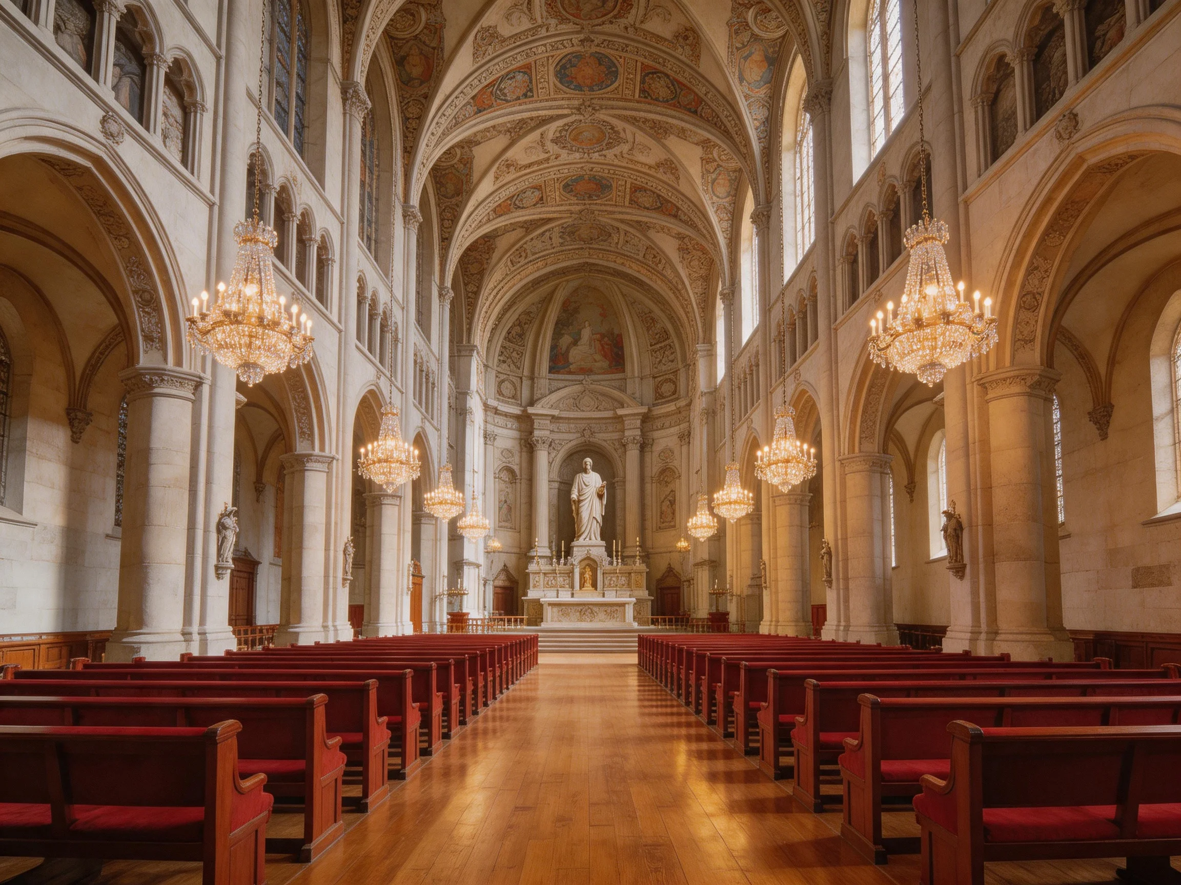 A grand church interior with red pews, ornate chandeliers, and vaulted ceilings